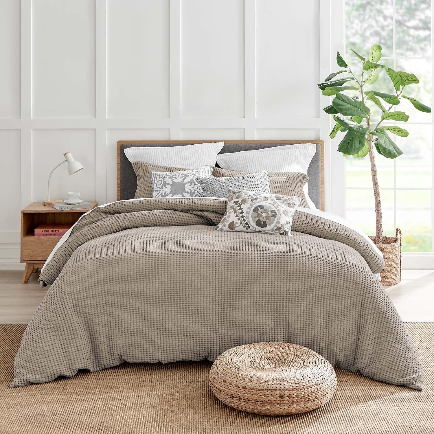 Levtex Home Mills Waffle Queen Duvet Cover Set (90x94in) with 2 Pillow Shams (26x20in) - Beige Fawn - 100% Cotton Queen Size Duvet Cover Set - Soft, Pre-Washed