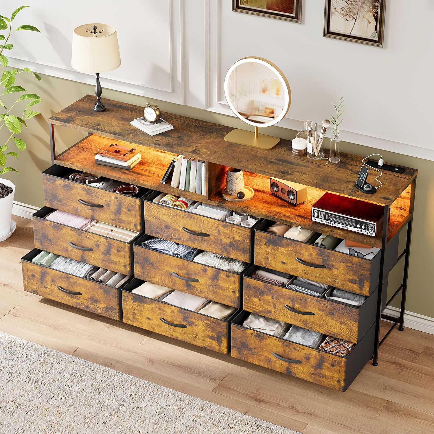 EnHomee 55' W Dresser for Bedroom with Charging Station & LED, 65/55 Inch TV Stand with 9 Fabric Drawers, Sturdy Dressers & Chest of Drawers with 2 Wood Storage Open Shelves,Entryway, Rustic Brown