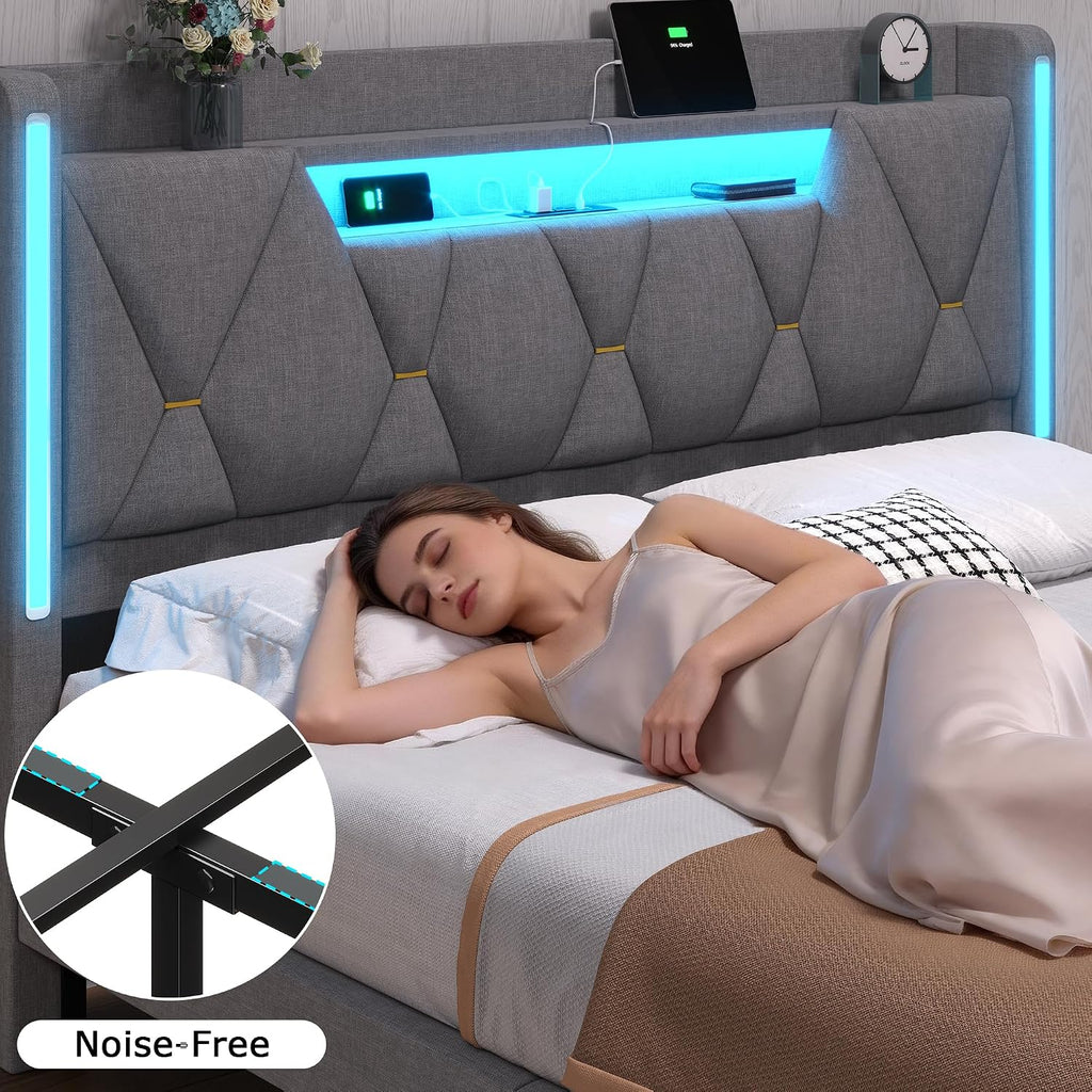 BYSAUD Queen Bed Frame with Storage Headboard, Bed Frame Queen Size, Upholstered Platform Bed Frame with LED Lights and Charging Station, No Noise, No Box Spring Needed, Dark Gray, Linen