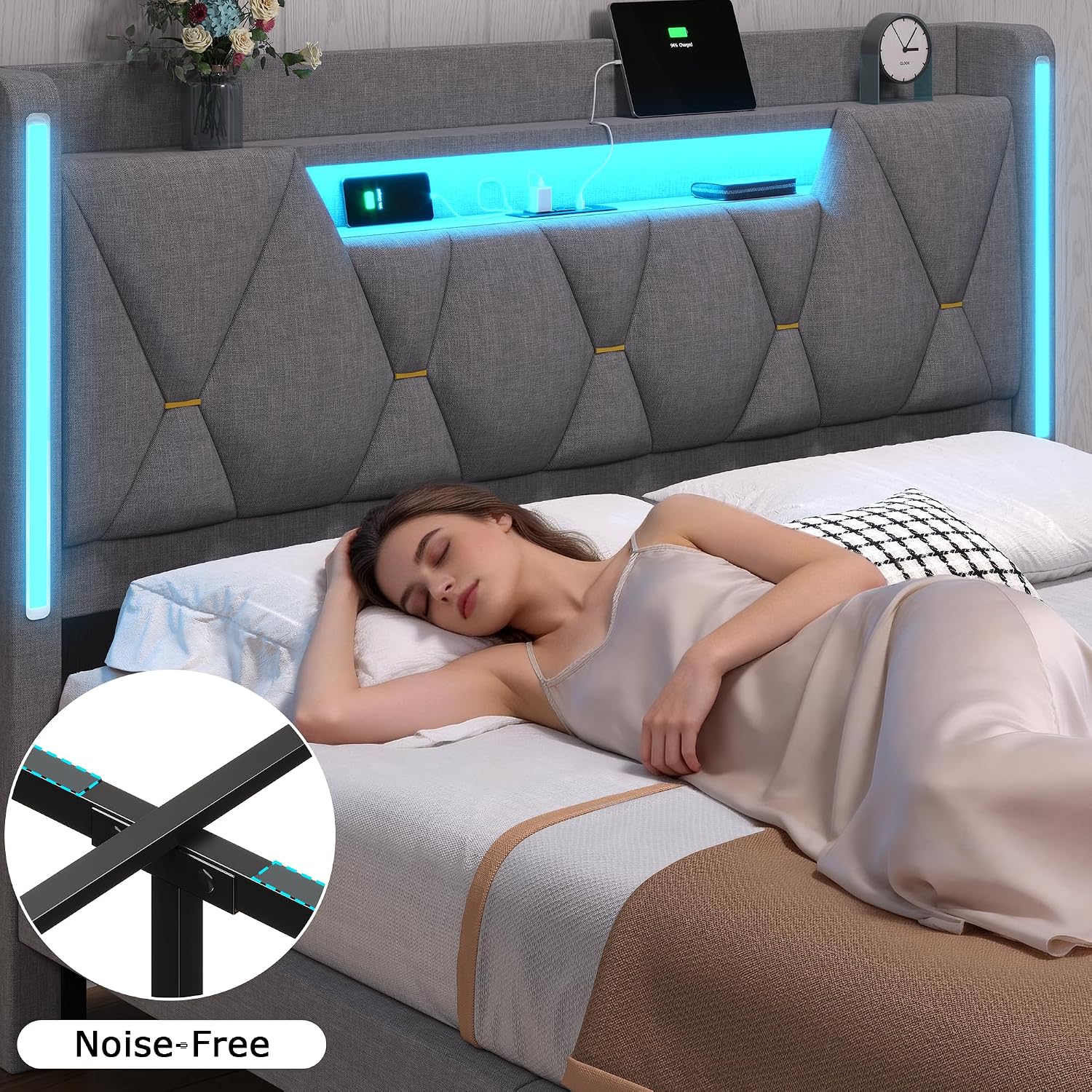 BYSAUD Queen Bed Frame with Storage Headboard, Bed Frame Queen Size, Upholstered Platform Bed Frame with LED Lights and Charging Station, No Noise, No Box Spring Needed, Dark Gray, Linen