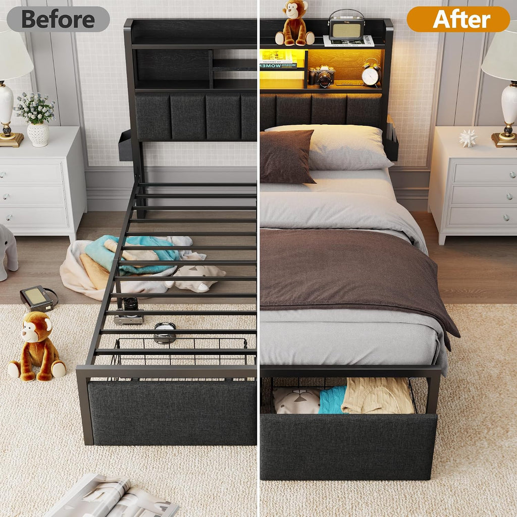 Furnulem Full Size Bed Frame with Upholstered Headboard, Bed Frame Full with Storage Drawers, Charging Station & LED Lights, Metal Platform No Box Spring Needed, Noise Free, Black (1200 lbs Capacity)