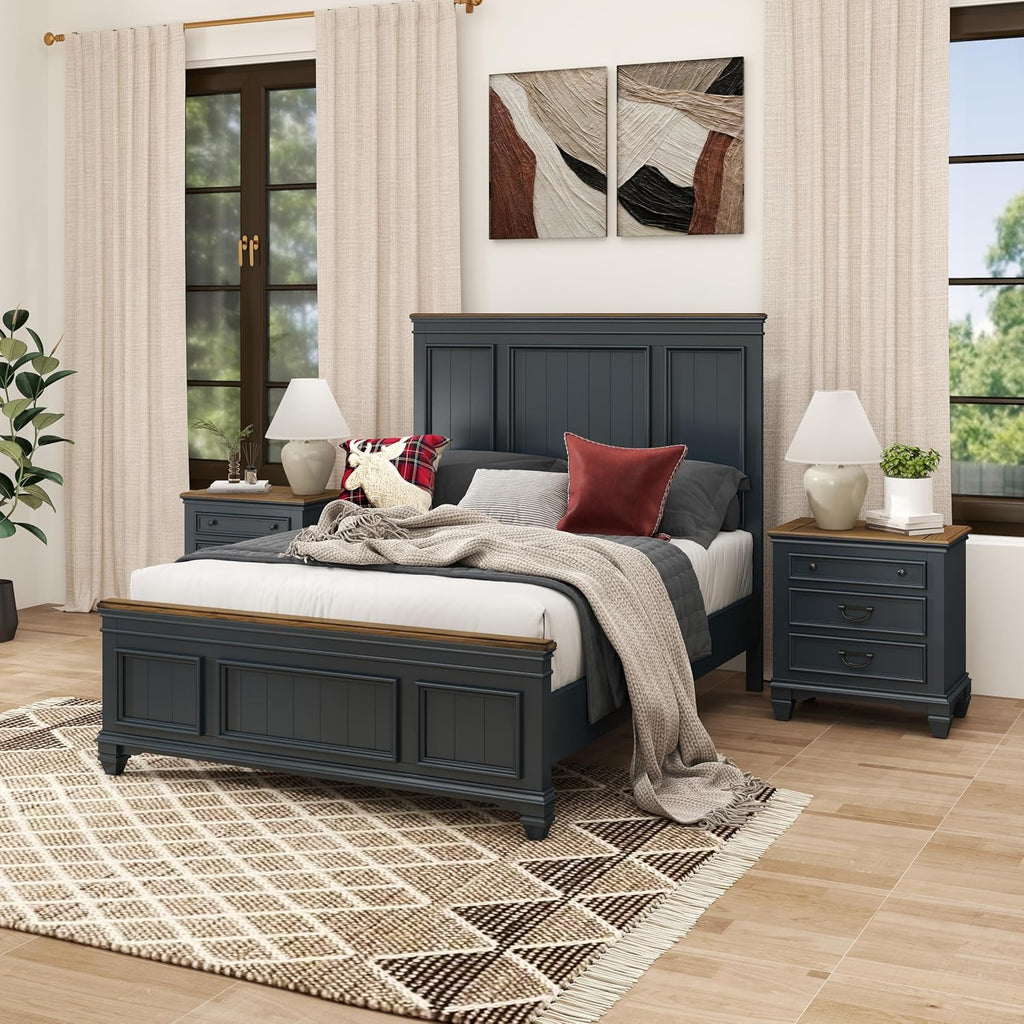 Roundhill Furniture Riverton Wood 3-Piece Bedroom Set, Shiplap Panel Queen Bed with 2 Nightstands in Slate Blue