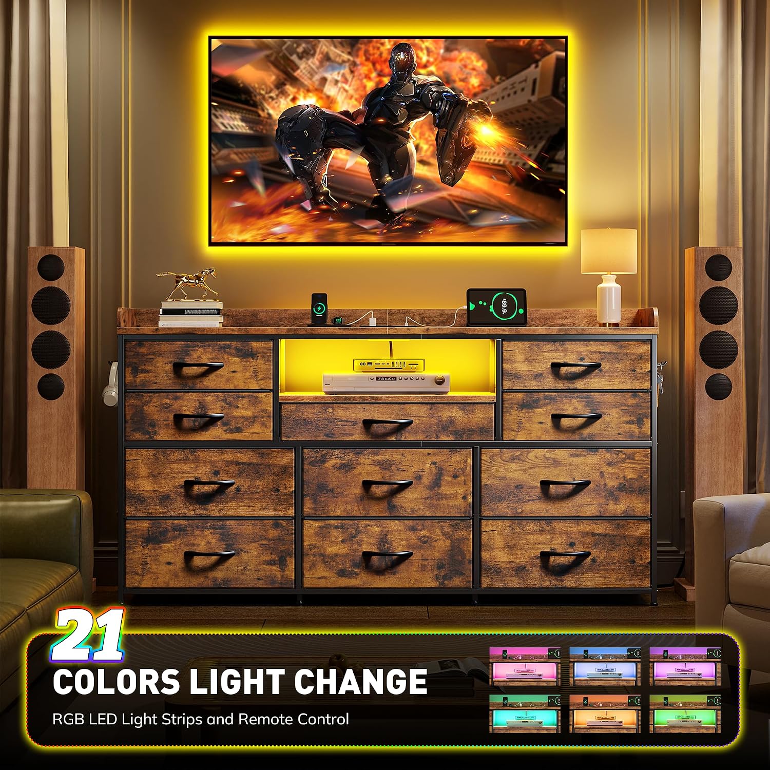 Dresser for Bedroom with LED Lights & Charging Station & 4 Hooks 11 Drawer Dressers & Chests of Drawers Long Fabric Dresser TV Stand for 60 inch TV for Entryway 11.8'D x 47.2'W x 31.5'H Rustic Brown