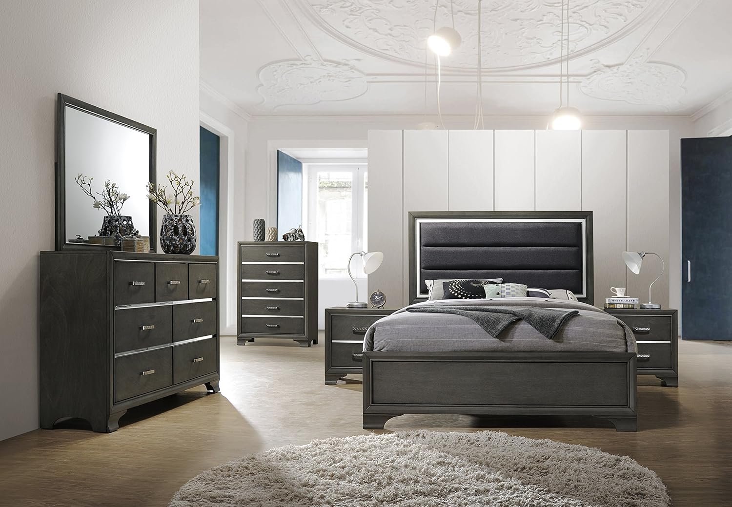 Kings Brand Furniture – 6-Piece Gray Wood with Faux Leather Headboard King Bedroom Set. Bed, Dresser, Mirror, Chest, 2 Night Stands
