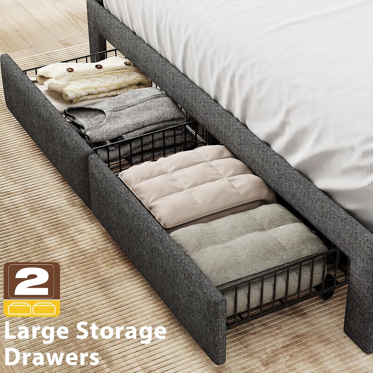 King Size Bed Frame, Upholstered King Bed Frame with 2 Storage Drawers, 2-Tier Headboard, Charging Station & LED Lights, No Box Spring Needed - Dark Grey