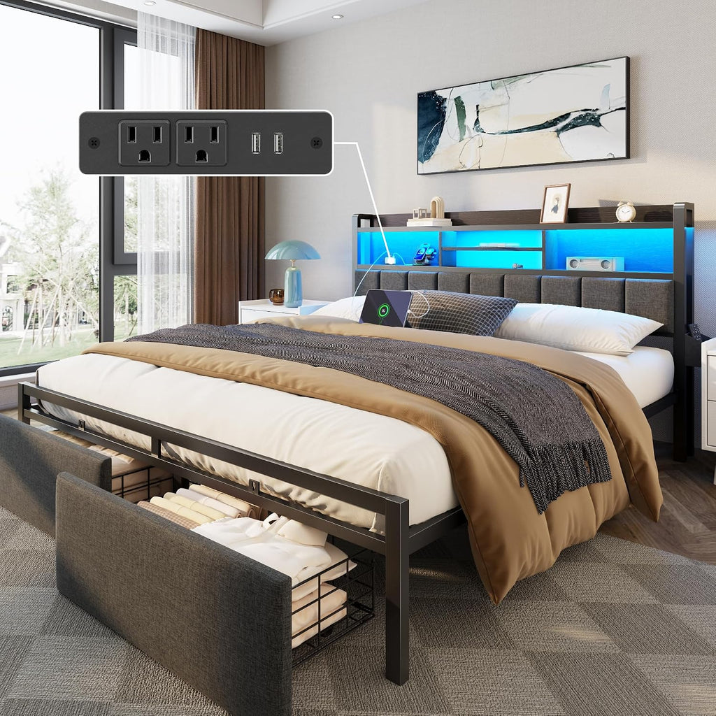 Furnulem King Bed Frame with Wood Headboard & Storage Drawers, Metal Platform Bed Frames King Size with LED Lights, Built in Charging Station, No Box Spring Needed, No Noise, Easy Assembly, Black
