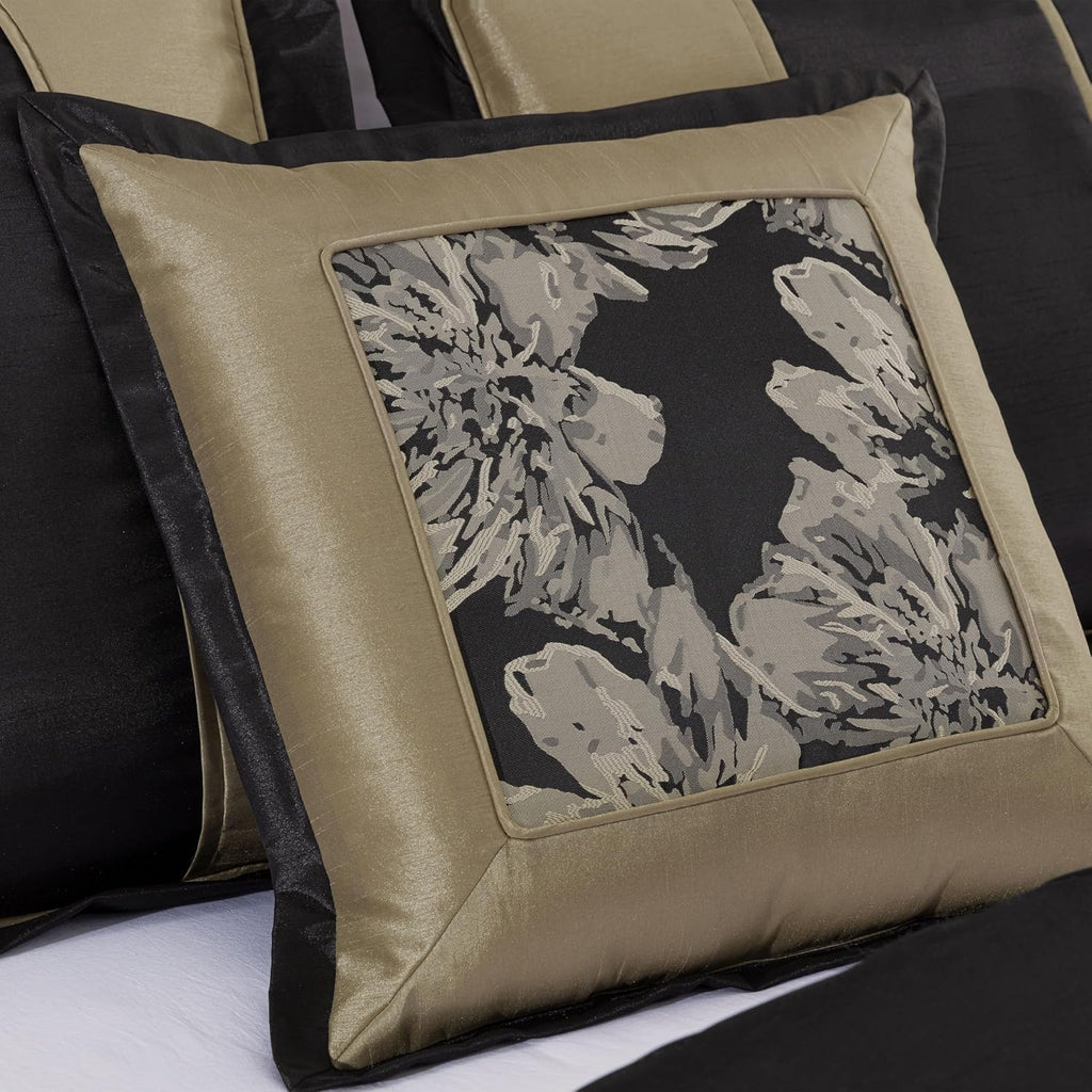 Chezmoi Collection Cameron Comforter Set King Size, 7-Piece Black Gold Hibiscus Floral Jacquard Bedding Set