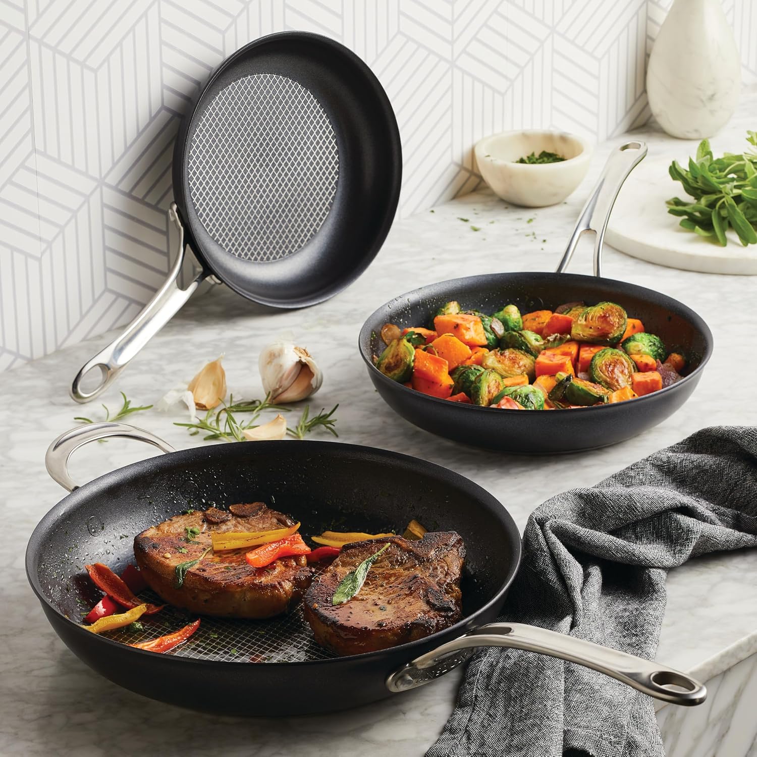 Anolon X Hybrid Nonstick Cookware Frying Pans/Skillet Set, Induction Suitable, 8 Inch, 10 Inch, and 12 Inch - Charcoal Gray