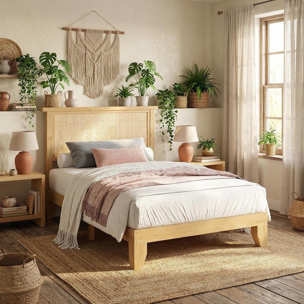 IDEALHOUSE Rattan Bed Frame Twin Size with Natural Rattan Headboard & LED Lights, Wood Twin Bed Frame with Solid Wood Foundation, No Box Spring Needed, Natural