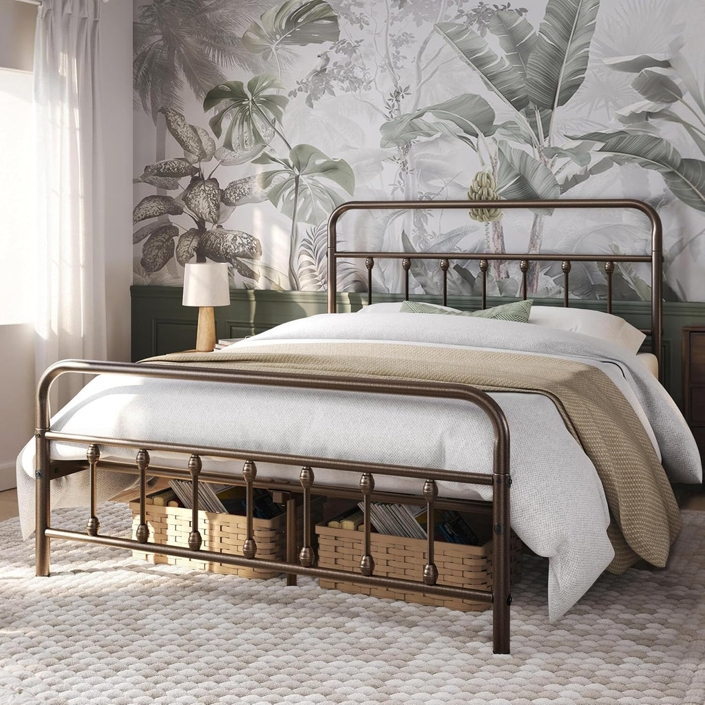 Yaheetech Classic Metal Platform Bed Frame Mattress Foundation with Victorian Style Iron-Art Headboard/Footboard/Under Bed Storage/No Box Spring Needed/Queen Size Bronze