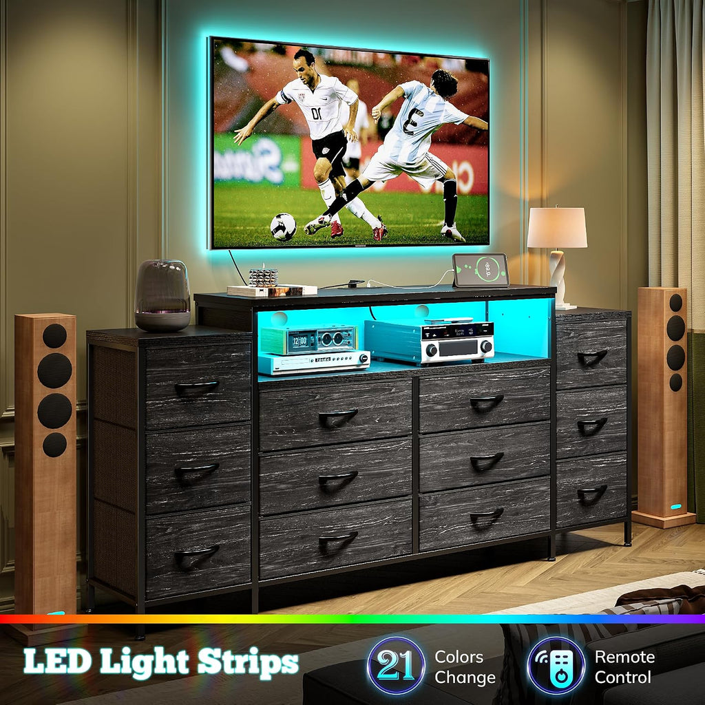 EnHomee 55' W Dresser for Bedroom with LED Lights & Charging Station 12 Drawer Dressers & Chests of Drawers Dresser TV Stand for Bedroom for Hanging 65' TV, Metal Frame & Fabric Drawers, Black