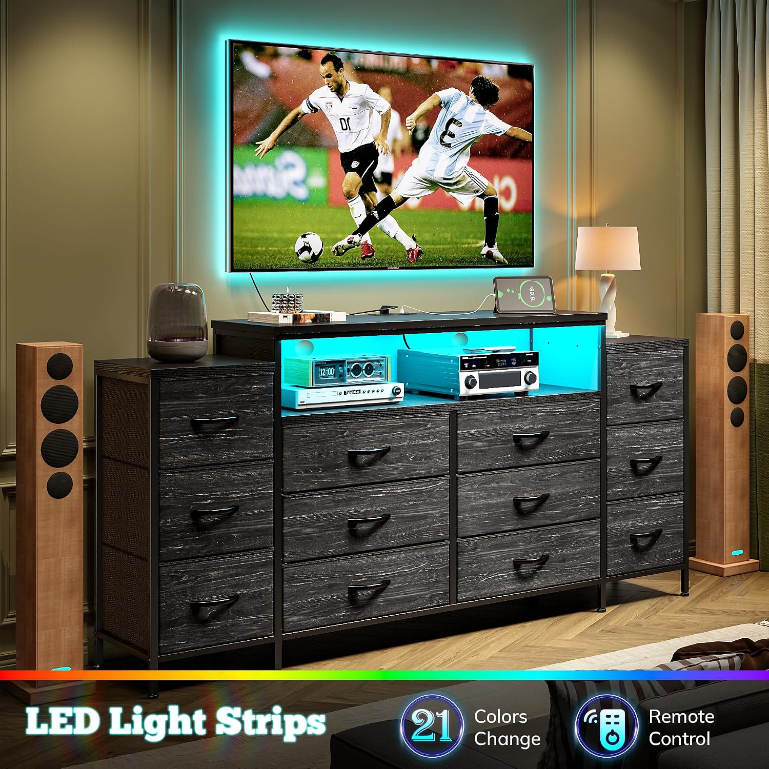 EnHomee 55' W Dresser for Bedroom with LED Lights & Charging Station 12 Drawer Dressers & Chests of Drawers Dresser TV Stand for Bedroom for Hanging 65' TV, Metal Frame & Fabric Drawers, Black