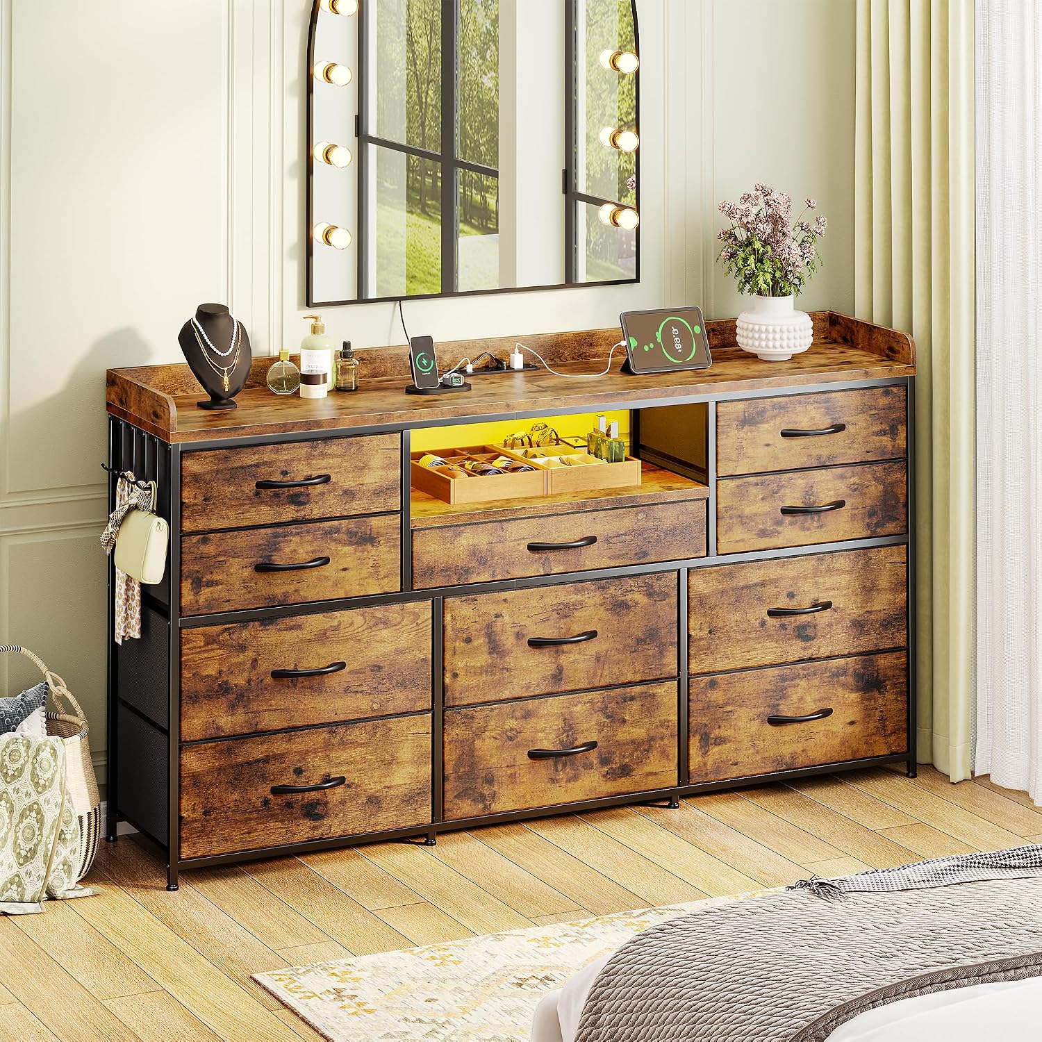 EnHomee Dresser TV Stand with 11 Drawers, 60' TV Stand with LED Lights & Power Outlets, Long Dresser for Bedroom with Shelves & 4 Hooks for Dorm, Hallway, Rustic Brown