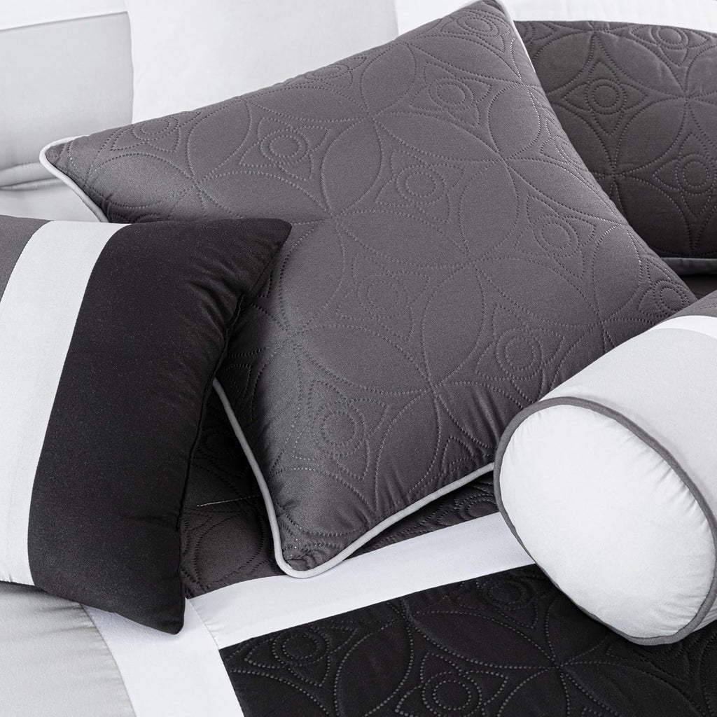 Chezmoi Collection Upland 7-Piece Quilted Patchwork Comforter Set, Black/Gray/Light Gray, Oversized King