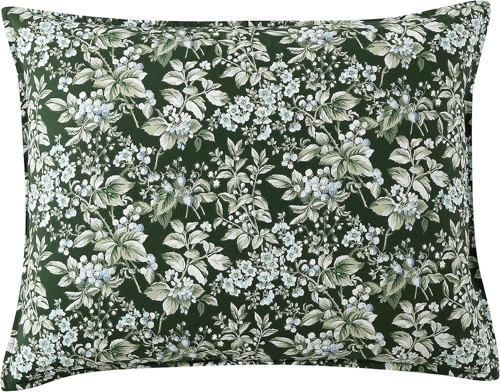Laura Ashley - King Comforter Set, Soft & Reversible Cotton Bedding, Medium Weight 7 Piece Bed Set with Matching Pillowcases, Euro Shams & Bonus Throw Pillow Covers (Bramble Floral Green)