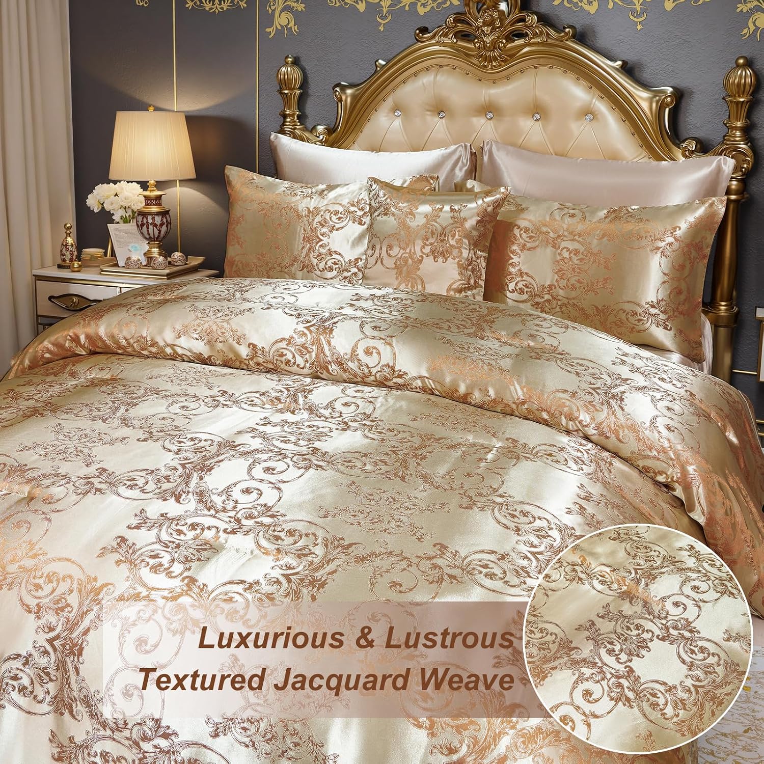 King Size 8-Piece Jacquard Comforter Set with Satin Sheets Set – Elegant Coordinated Bedding Collection for Bedroom Gold Bed-in-a-Bag
