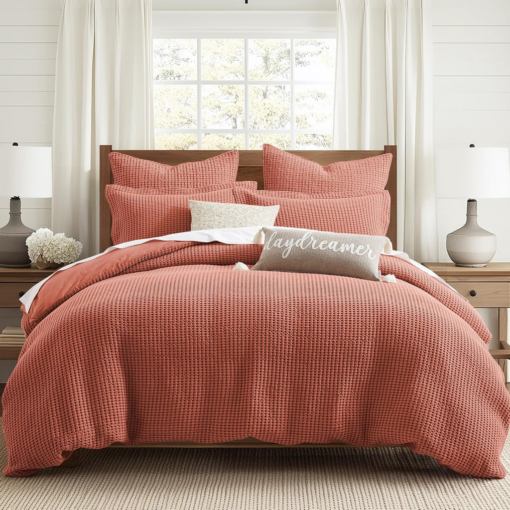 Levtex Home Mills Waffle Queen Duvet Cover Set (90x94in) with 2 Pillow Shams (26x20in) - Adobe - 100% Cotton Queen Size Duvet Cover Set - Soft, Pre-Washed