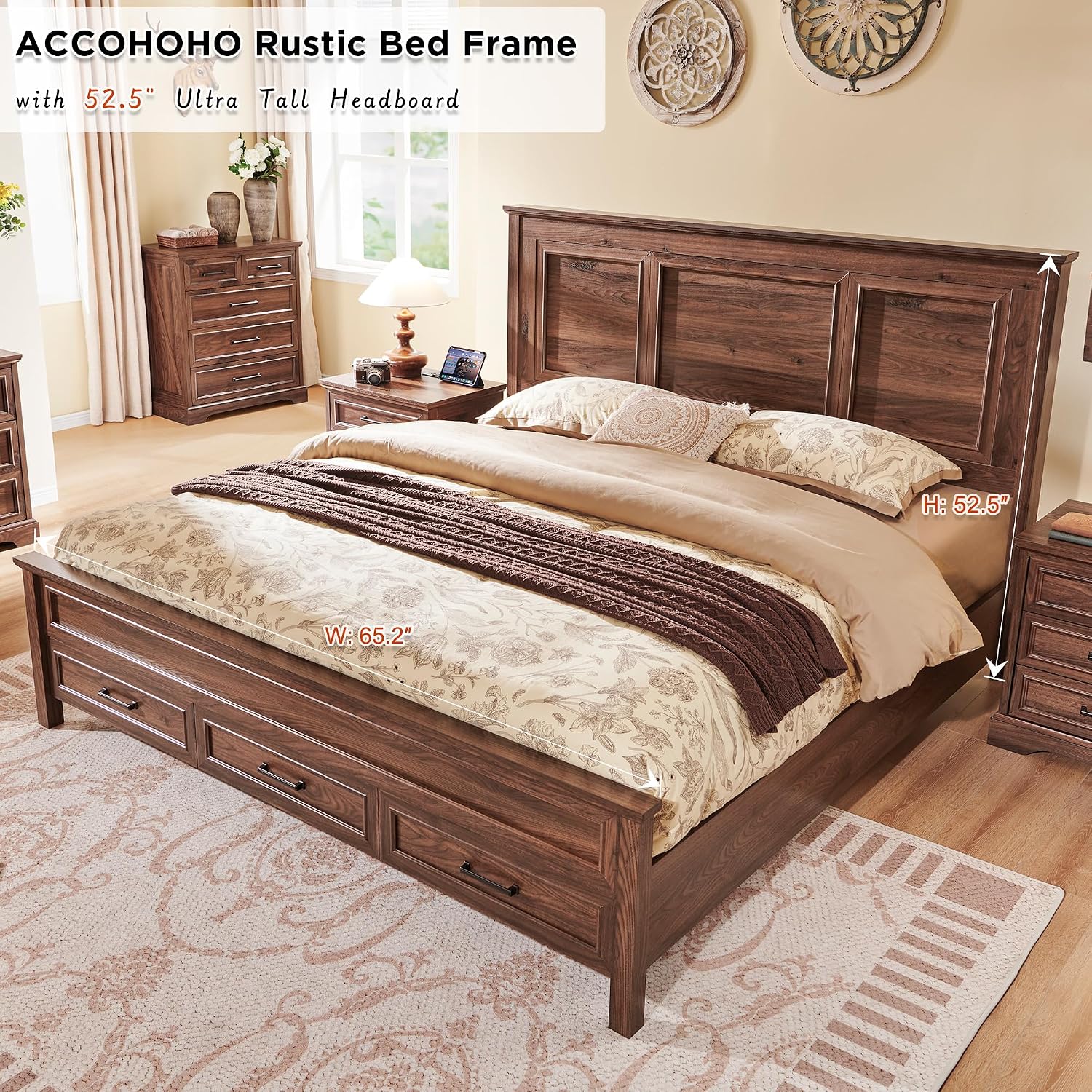 ACCOHOHO Farmhouse Queen Size Bed Frame with 52' Tall Headboard, Wood Platform Bedframe with Footboard and Storage Drawers, No Squeak, No Box Spring Needed, Brown
