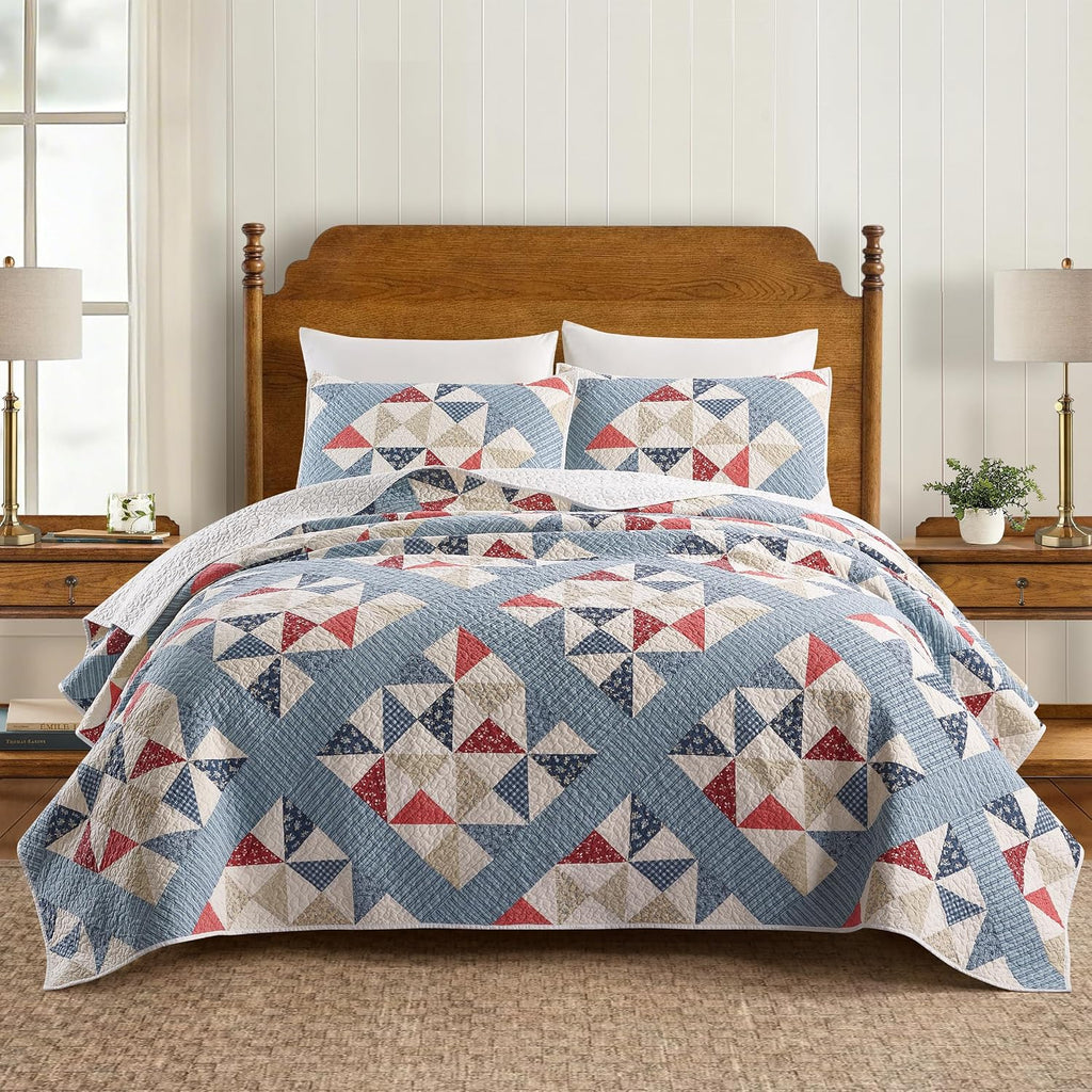 Modern Heirloom Americana Heartland Quilt Set, Full/Queen | Pieced Sashing with Printed Star & Pinwheel Blocks| Red, White, and Blue| Cotton Face and Fill| 3-Piece