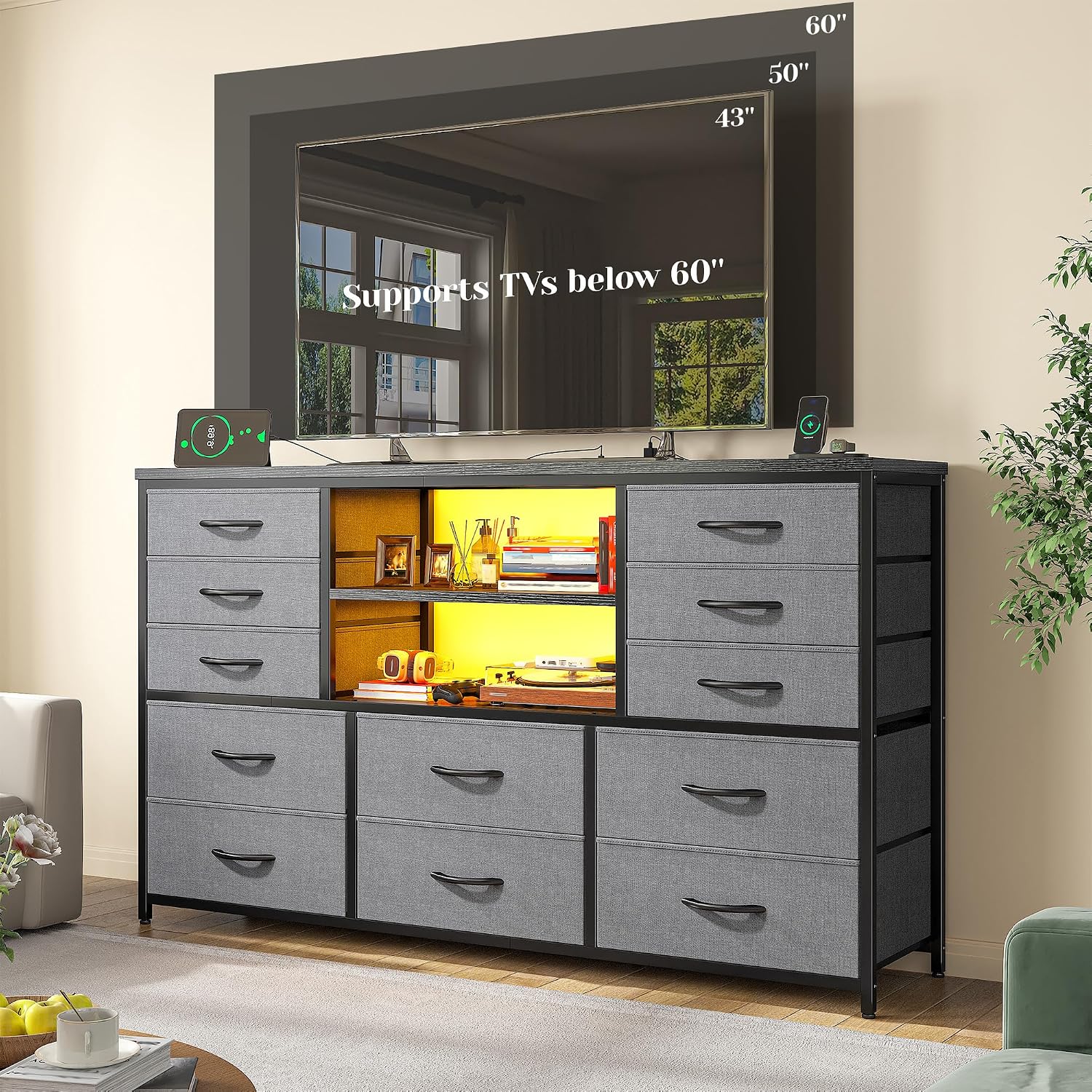 EnHomee 12 Drawers Dresser for Bedroom with LED Lights & Charging Station, TV Stands for 55/60'' TV, Fabric Dressers & Chests of Drawers with 3 Wooden Shelves for Hallway,Sturdy,Grey