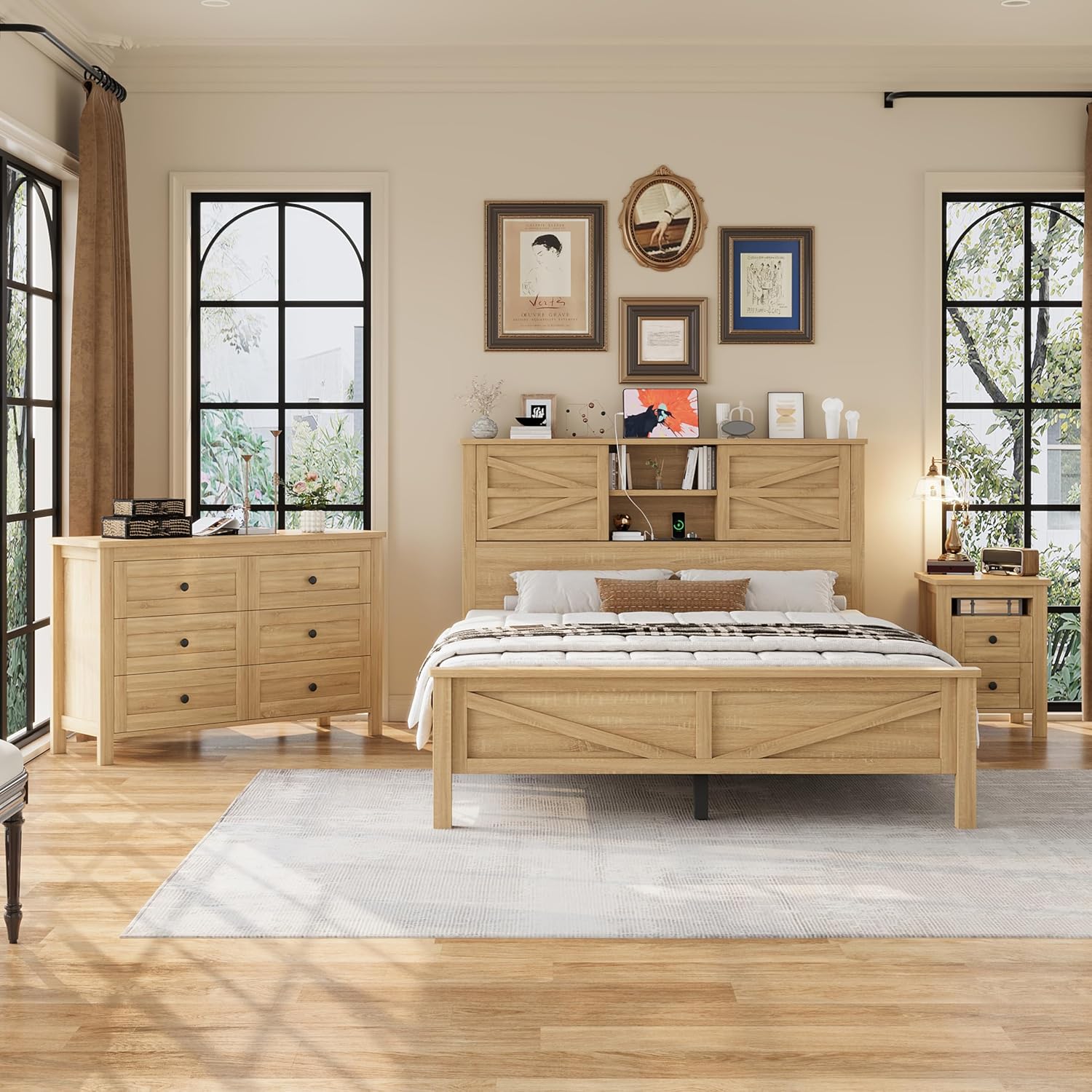 Merax 3-Pieces Bedroom Sets, Farmhouse Platform Bed, Storage Nightstand and Dresser, Bedframe with Double Sliding Door Storage Headboard and Charging Station, Natural, Queen Size