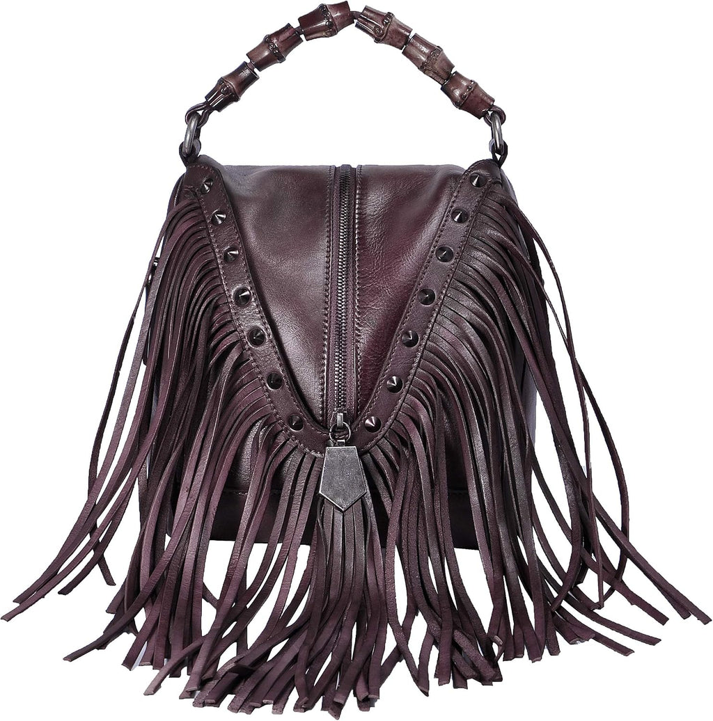 ZLYC Women's Leather Bamboo Hand Strap Featured Fringe Bohemian Tassel Studed Cross Body Bag