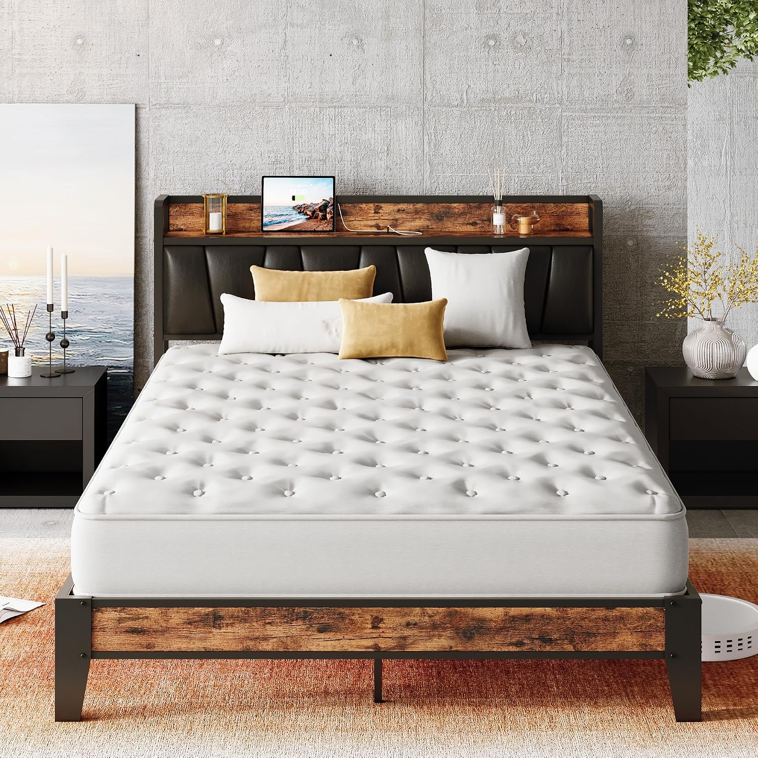LIKIMIO Full XL Bed Frame, Storage Headboard with Charging Station, Solid and Stable, Noise Free, No Box Spring Needed, Easy Assembly(Vintage and Black)