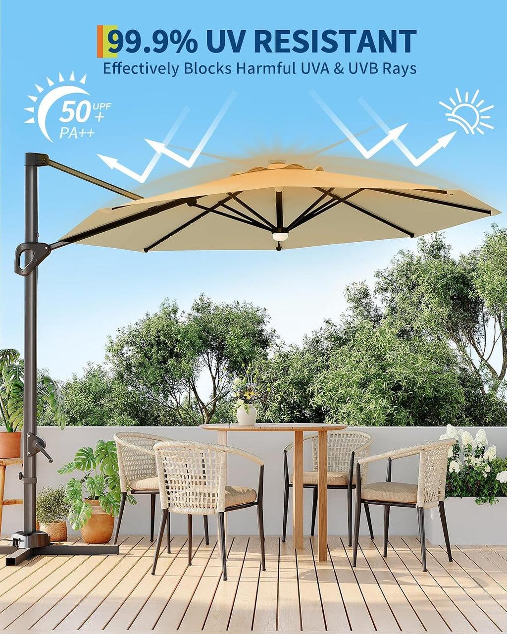 Takywep 10ft Cantilever Patio Umbrella, Outdoor Umbrella 360-degree Rotation, Solar-powered LED lights, Easy-Tilt Mechanism, for Decks, Poolside and Backyard Relaxation