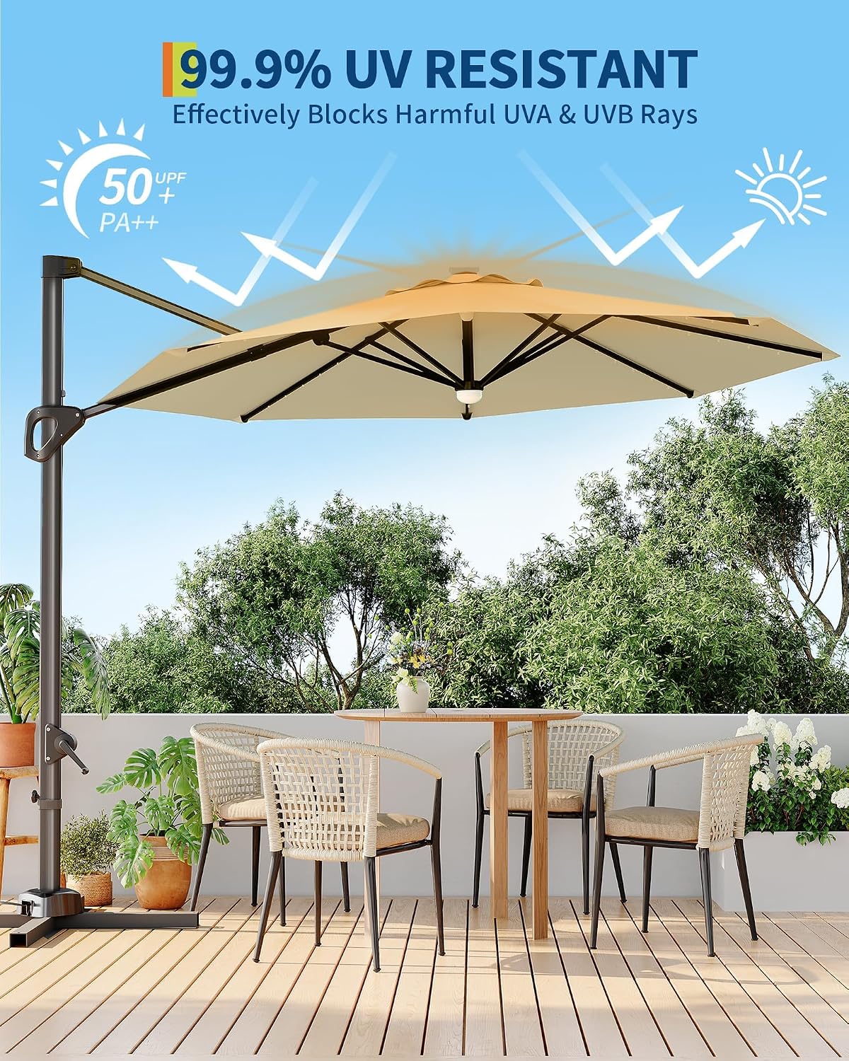 Takywep 10ft Cantilever Patio Umbrella, Outdoor Umbrella 360-degree Rotation, Solar-powered LED lights, Easy-Tilt Mechanism, for Decks, Poolside and Backyard Relaxation
