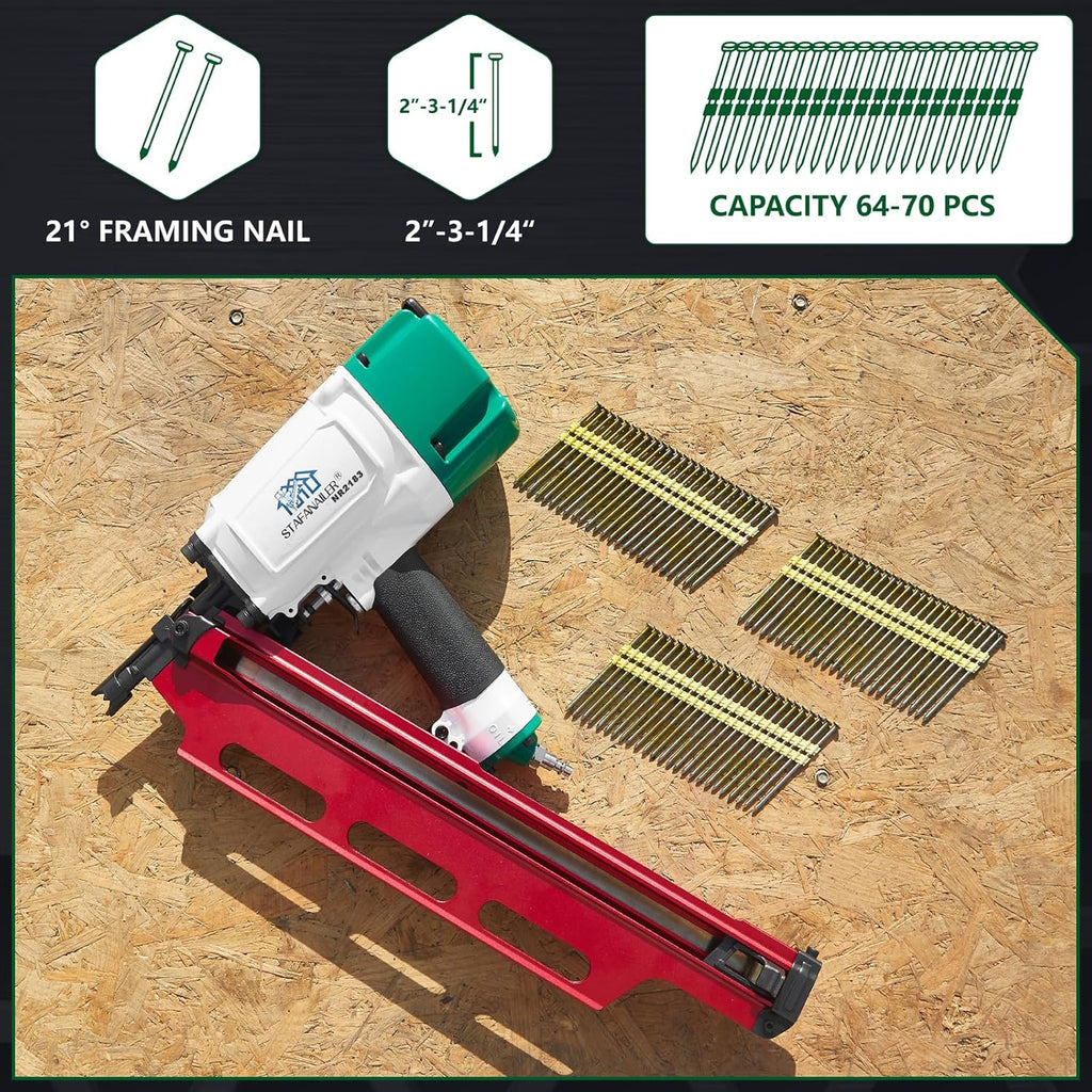 High Speed Mexican Style NR2183 21 Degree Aluminum Magazine Framing Nailer, Pneumatic Framing nail gun, 2-Inch up to 3-1/4-Inch Plastic Collated Full Head Framing Nails, Framing, Wooden House Building
