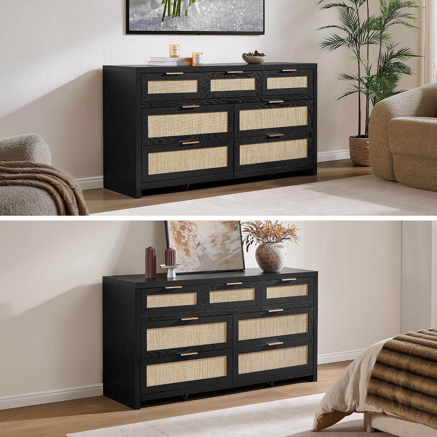 SICOTAS 7 Drawer Dressers for Bedroom Set 2, Long Rattan Dresser, Dresser TV Stand, Closet Organizer Chest of Drawers, Clothes Storage Dressers (Black Oak, 7 Drawers (2 pcs))