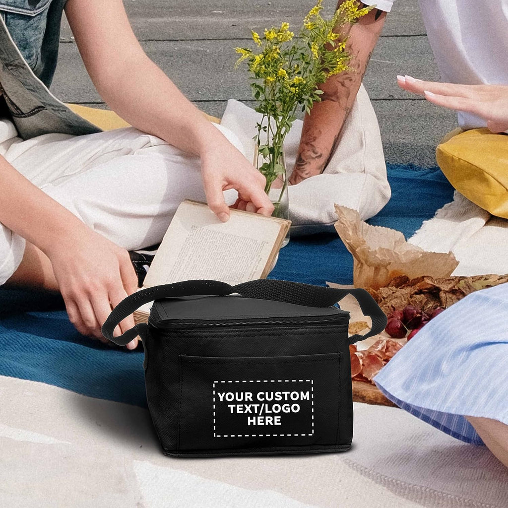 DISCOUNT PROMOS 50 Zipper Top Insulated Lunch Bags Set - Customizable Text, Logo - Non Woven, Vibrant, Black Strap - Black