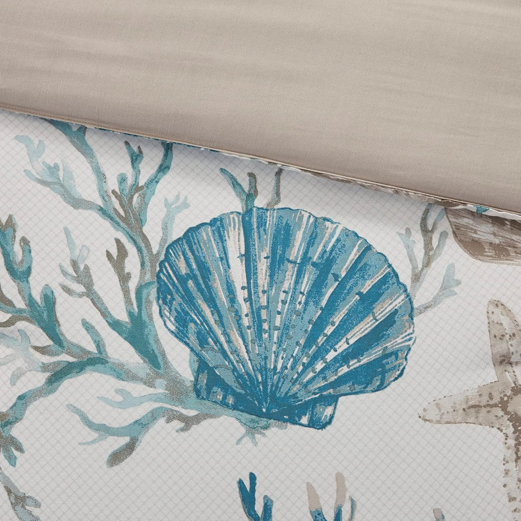 Madison Park Pebble Beach 100% Cotton Comforter Set - Coastal Coral, Starfish Design All Season Down Alternative Cozy Bedding with Matching Shams, Decorative Pillow, Queen(90'x90') Aqua 7 Piece