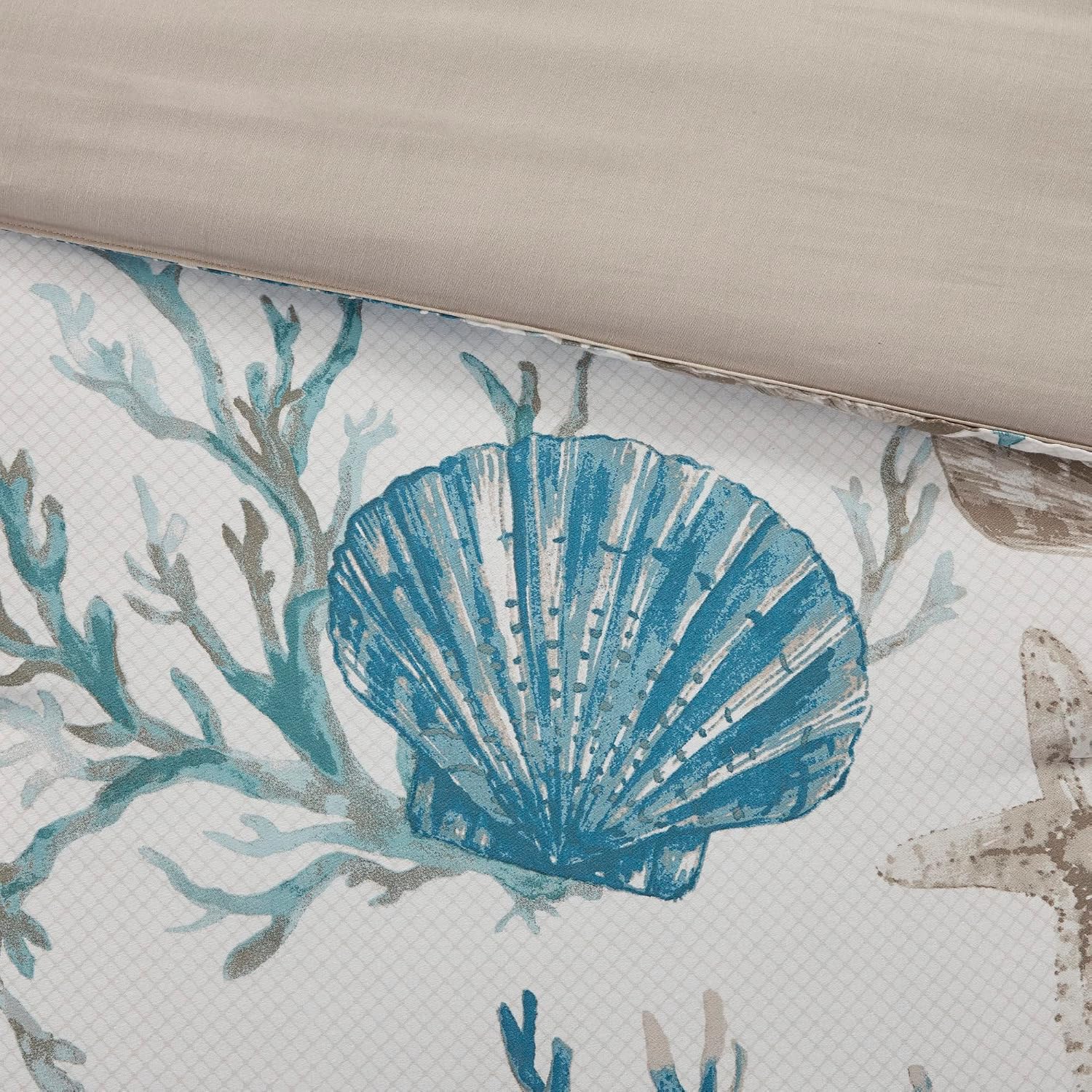 Madison Park Pebble Beach 100% Cotton Comforter Set - Coastal Coral, Starfish Design All Season Down Alternative Cozy Bedding with Matching Shams, Decorative Pillow, Queen(90'x90') Aqua 7 Piece