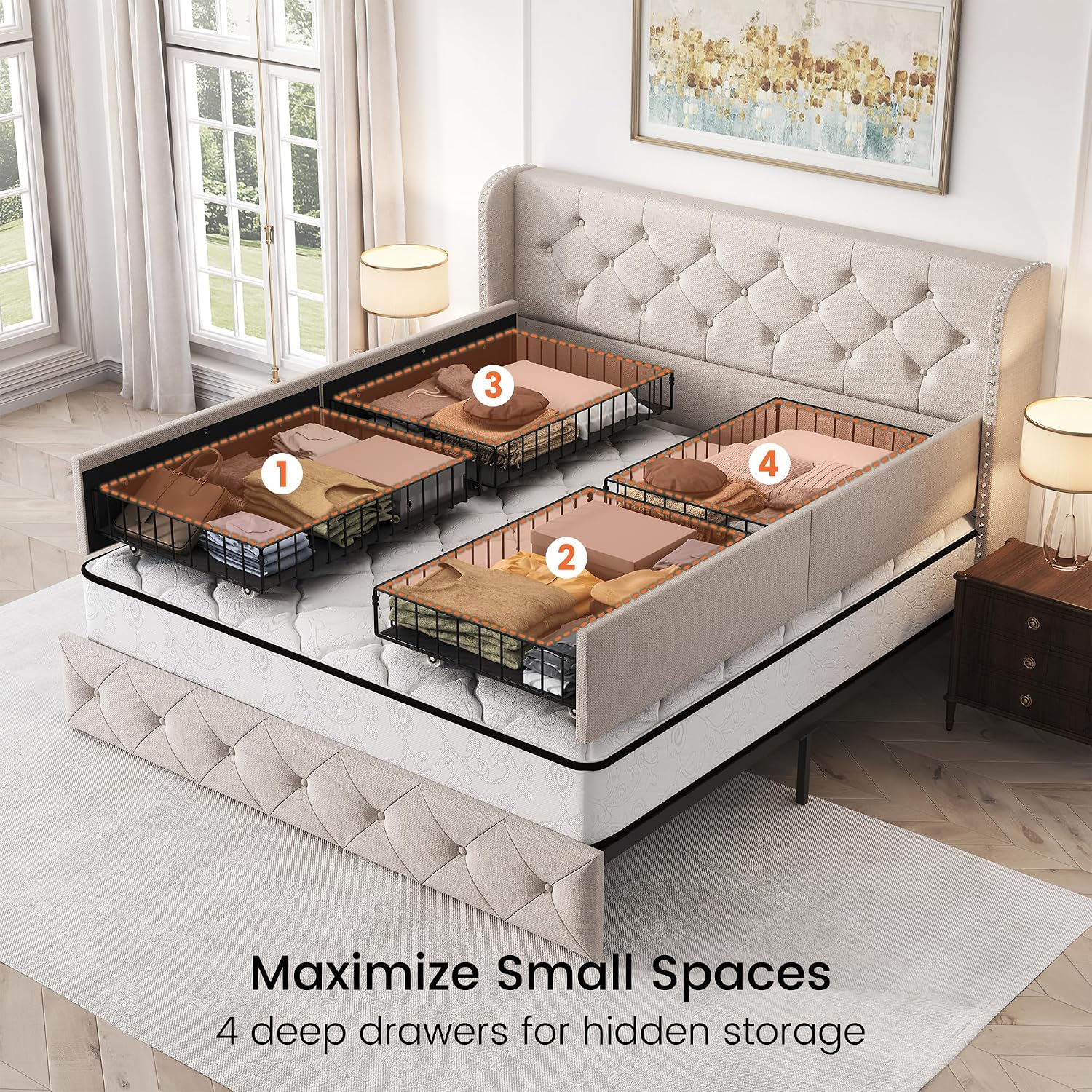 LARMACE Queen Size Bed Frame with 4 Storage Drawers and 47.2' Tall Tufted Headboard Linen Upholstered Platform Bed Frame Wingback Beds with Wooden Slats Support, Easy Assembly, Beige