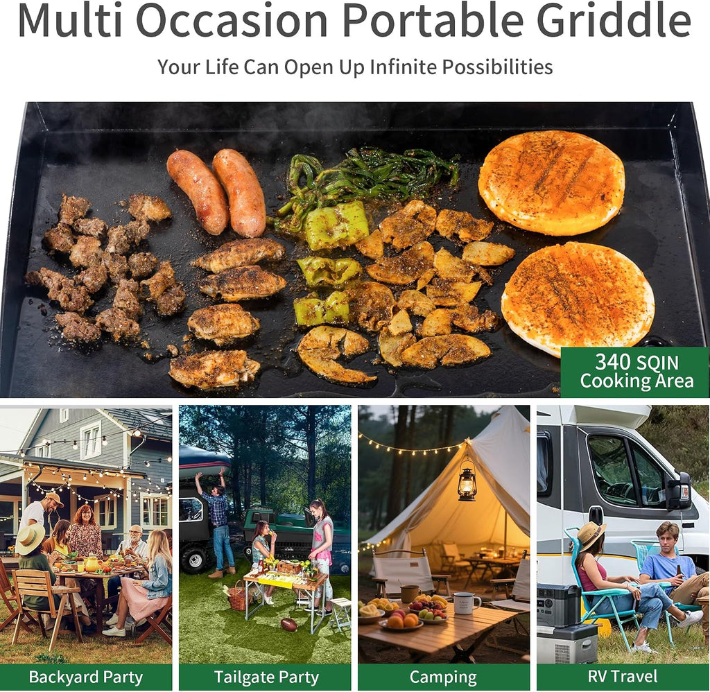 Gas Griddle Flat Top 24 Inch, 3 Burner, 30000 BTU, Stainless Steel Tabletop Grill with Lid and Iron Pan, Portable Griddle Propane for Kitchen, Camping, Outdoor, Tailgating, Barbecue