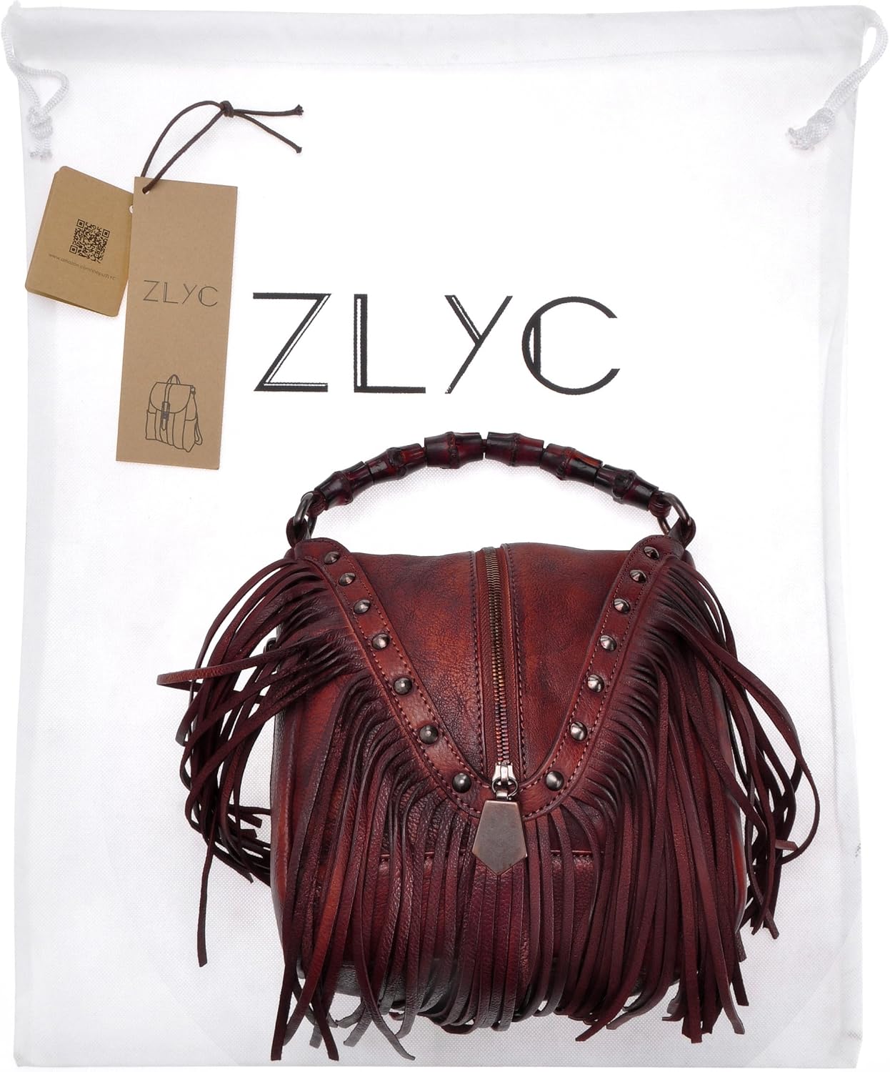 ZLYC Women's Leather Bamboo Hand Strap Featured Fringe Bohemian Tassel Studed Cross Body Bag