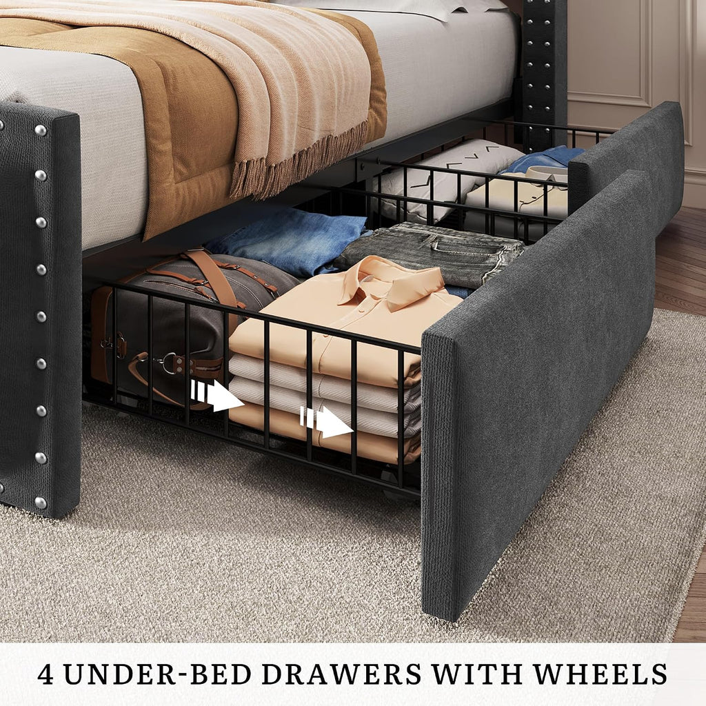 YITAHOME Queen Size Bed Frame with 4 Storage Drawers and RGB LED Lights, Velvet Upholstered Platform Bed with Charging Station and Bookcase Storage Headboard, No Box Spring Needed, Dark Grey
