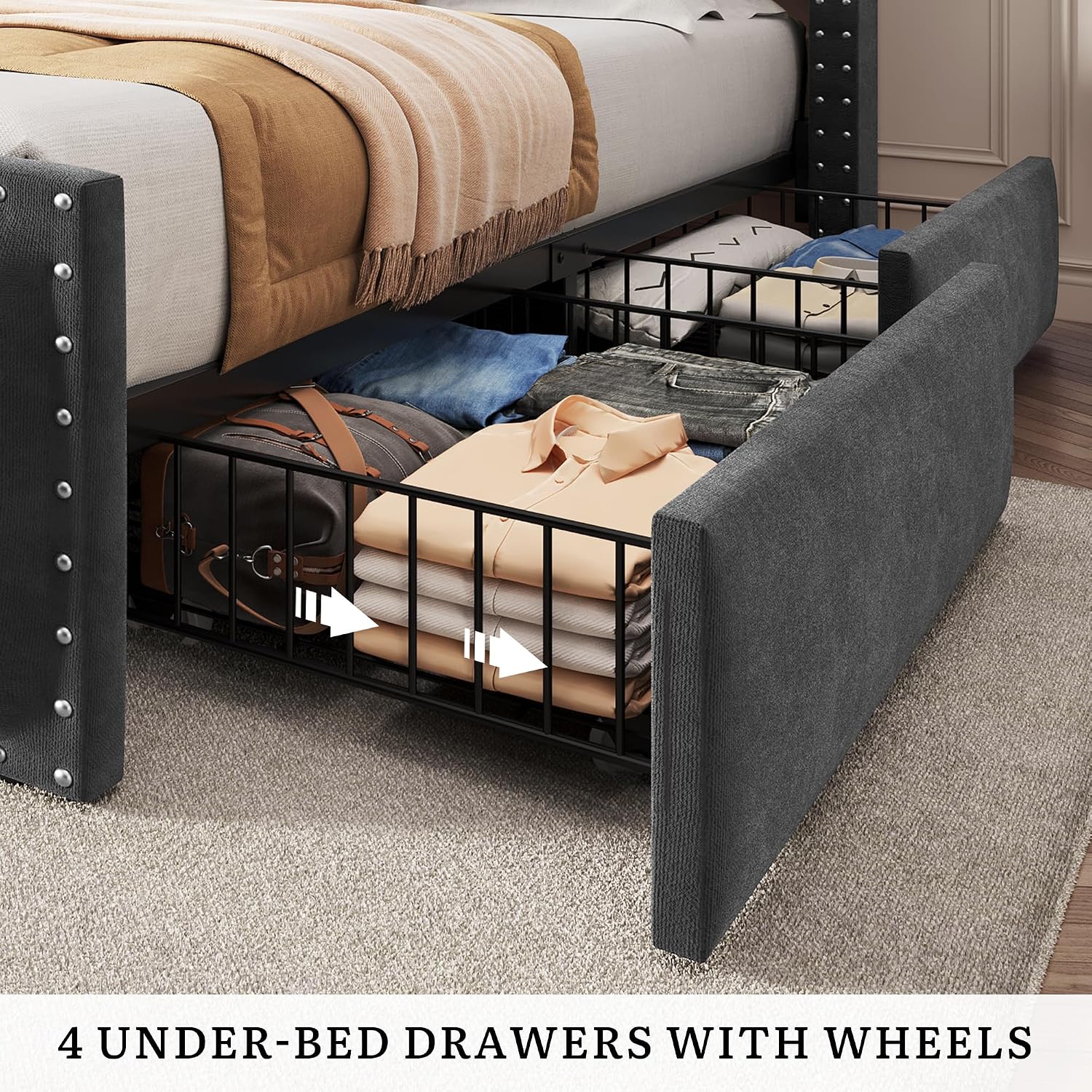 YITAHOME Queen Size Bed Frame with 4 Storage Drawers and RGB LED Lights, Velvet Upholstered Platform Bed with Charging Station and Bookcase Storage Headboard, No Box Spring Needed, Dark Grey