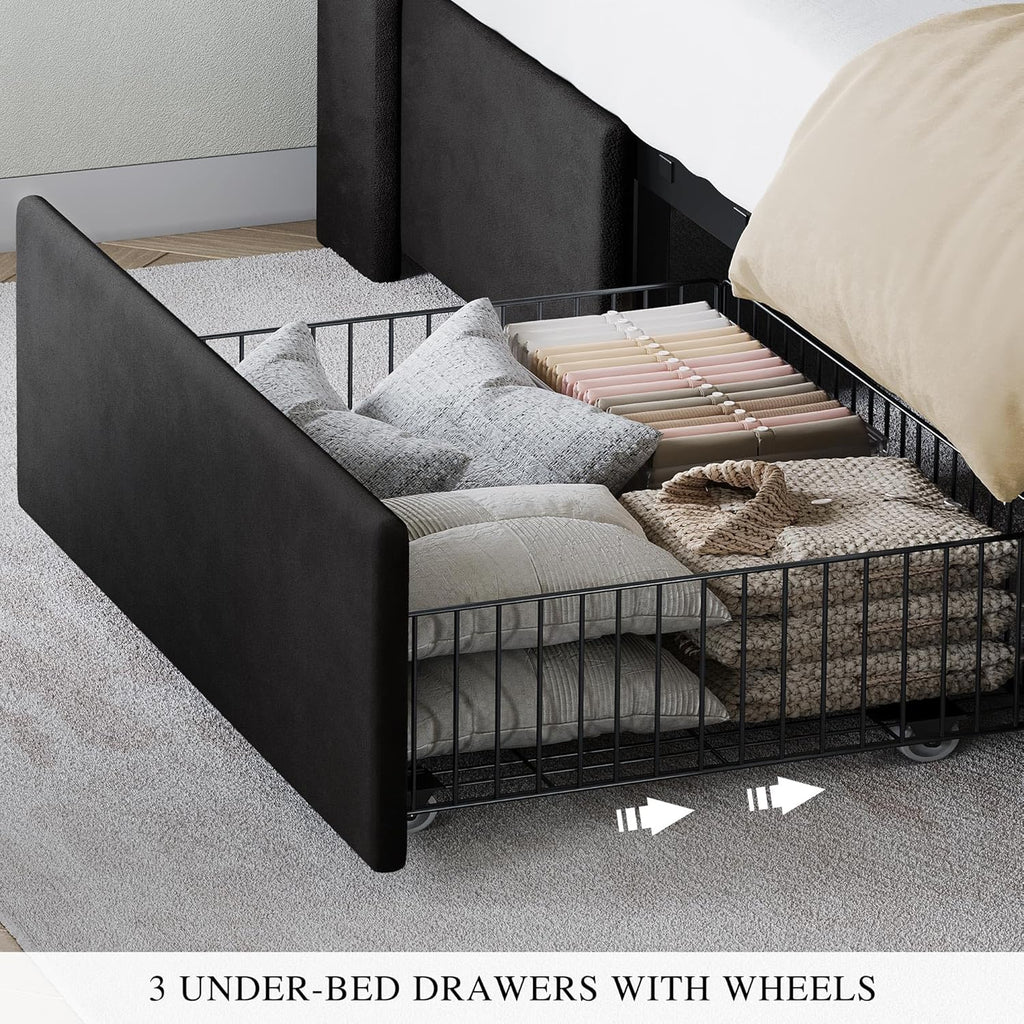 DWVO Queen Size Bed Frame with 3 Storage Drawers and RGB LED Lights, Velvet Upholstered Bed with Charging Station and Storage Headboard, No Box Spring Needed, Easy Assembly, Noise-Free, Black