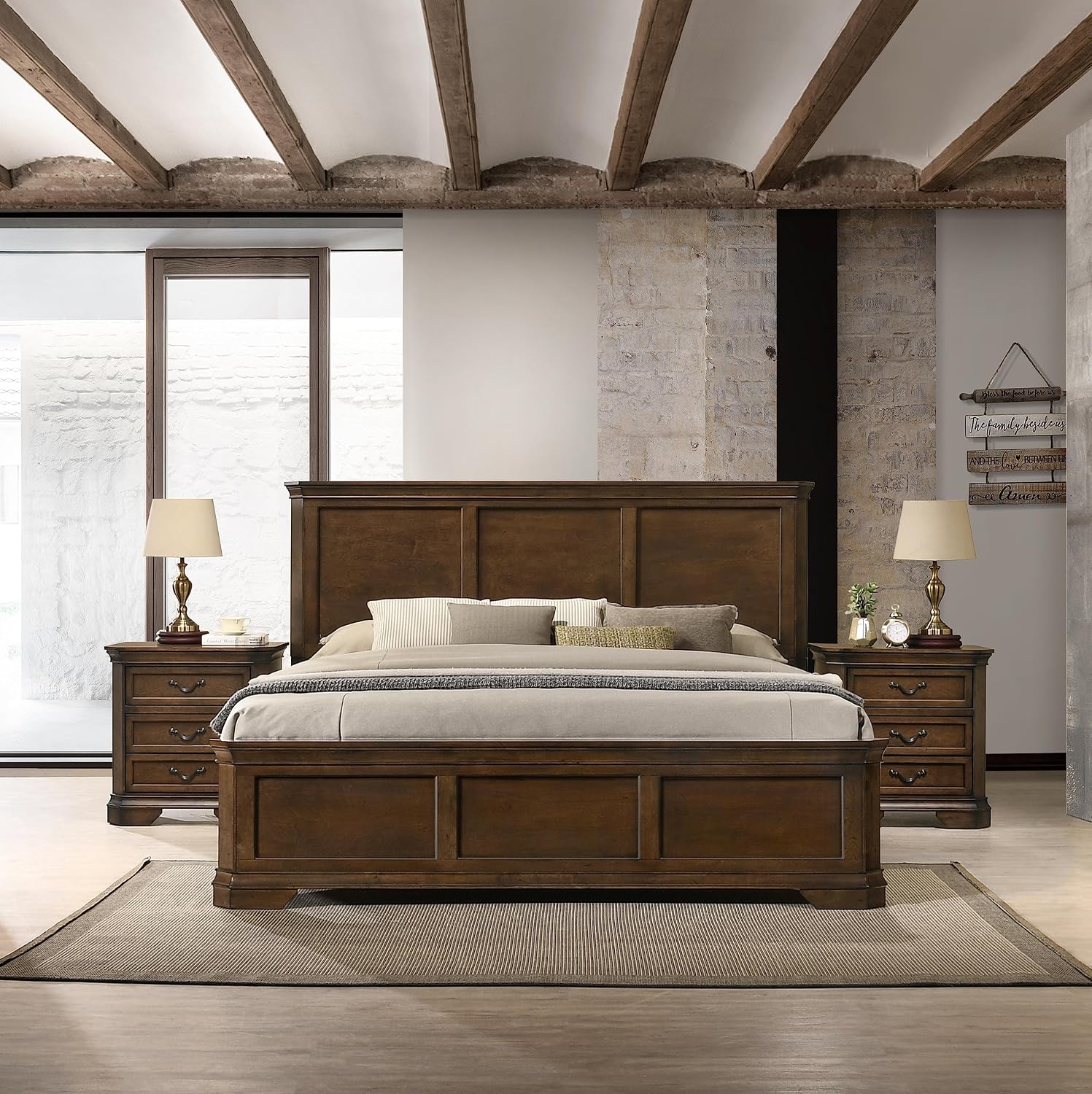 Roundhill Furniture Maderne 3-Piece Bedroom Set with King Size Panel Bed and Two Nightstands, Antique Walnut Finish