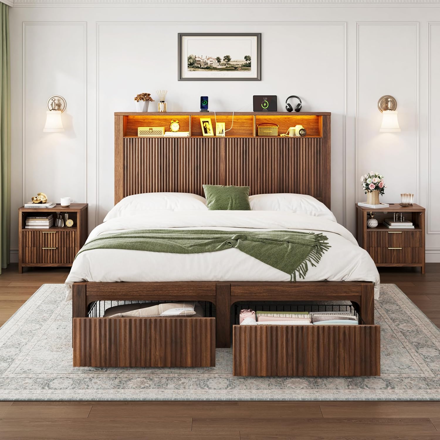 CypBed Full Size Bed Frame with Headboard and Storage Drawer, Full Bed Frame with LED Light and Charging Port, Farmhouse Wavy Design, Wood & Metal Platform, Noise-Free, No Box Spring Needed, Walnut