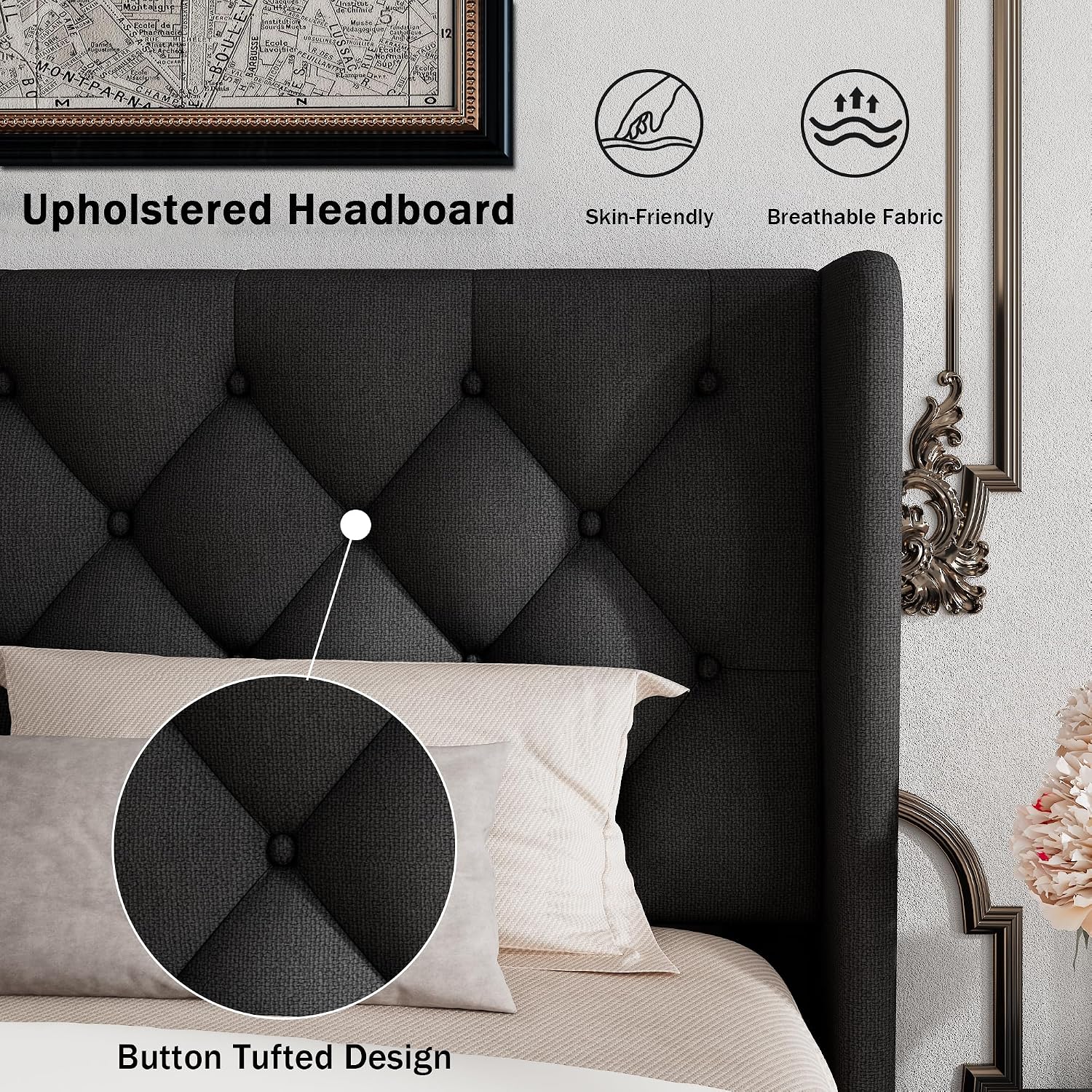 GalnFu Full Size Bed Frame with Button Tufted Headboard, Upholstered Platform Bed Frame with UnderBed Storage, Wooden Slats Supports, Noise Free, No Box Spring Needed, Easy Assembly, Black