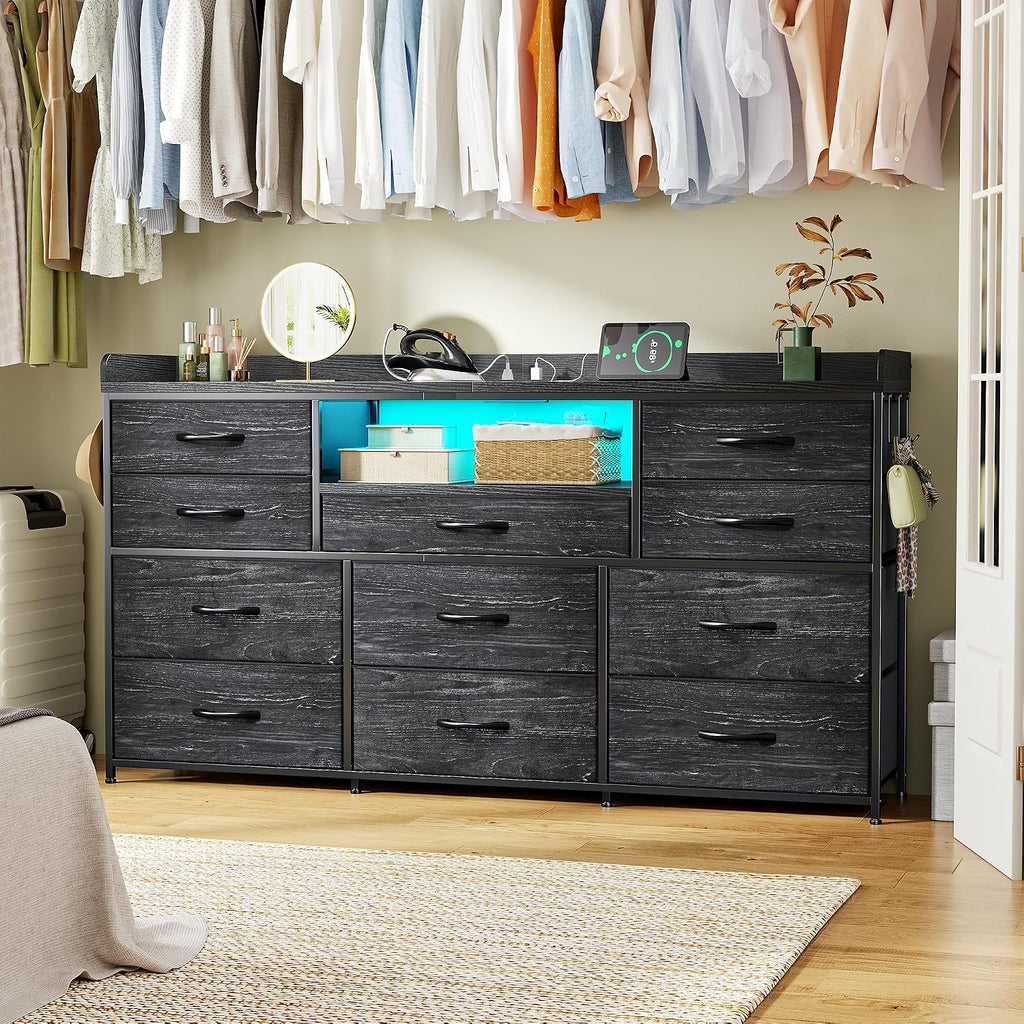 EnHomee Dresser TV Stand with 11 Drawers, 60' TV Stand with LED Lights & Power Outlets, Long Dresser for Bedroom with Shelves & 4 Hooks for Dorm, Hallway, Charcoal Black