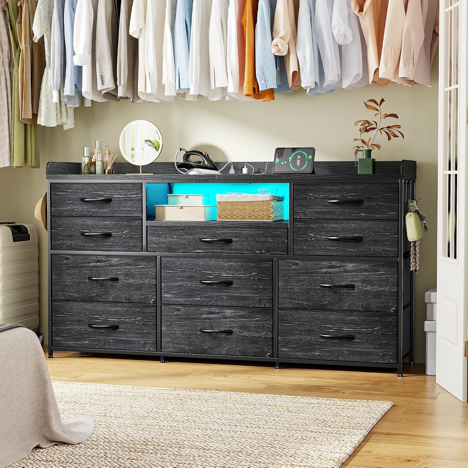 EnHomee Dresser TV Stand with 11 Drawers, 60' TV Stand with LED Lights & Power Outlets, Long Dresser for Bedroom with Shelves & 4 Hooks for Dorm, Hallway, Charcoal Black