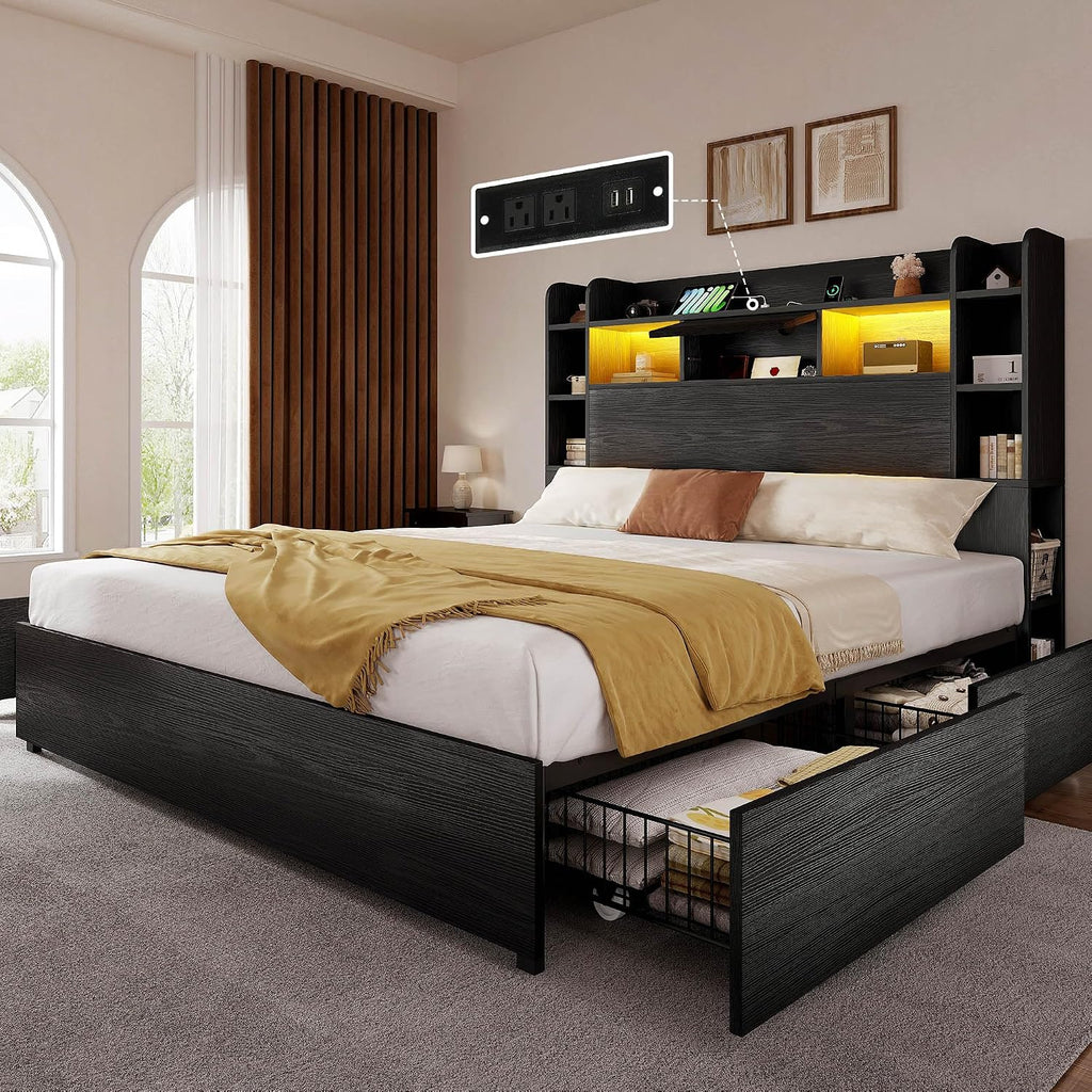 YITAHOME Queen Size Bed Frame with Bookcase Headboard and 4 Storage Drawers, RGB LED Bed Frame with Type-C & USB Charging Station Storage Headboard Bed, No Box Spring Needed, Noise Free, Black