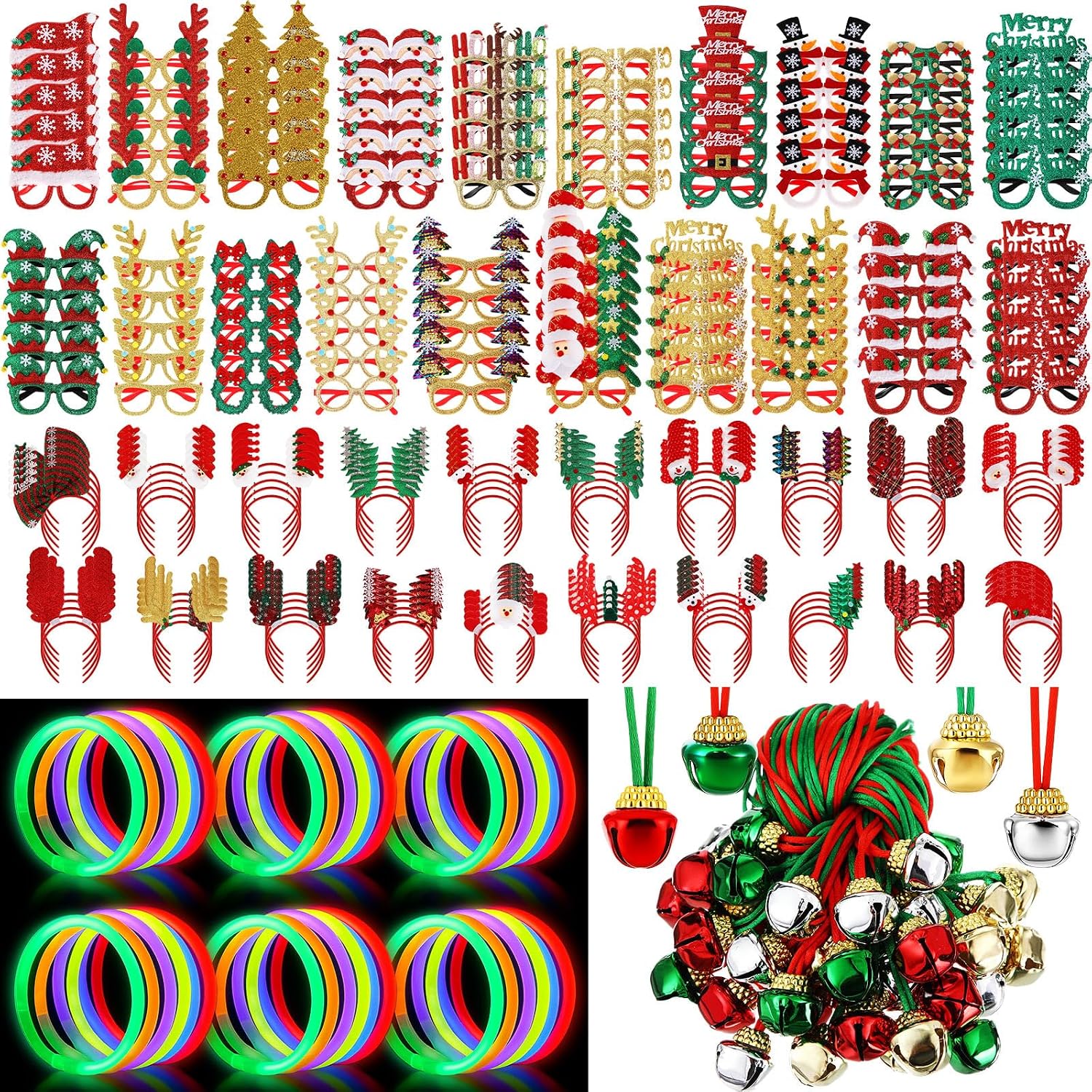 Hiboom 400 Pcs Christmas Party Favors Bulk, Xmas Gift Decorations Accessories, Glasses, Elk Headbands, Jingle Bell Necklaces, Glow Bracelets, Holiday Booth Props Supplies Stocking Stuffers