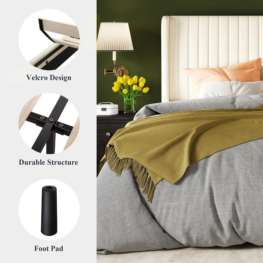 Allewie King Size Velvet Bed Frame/Vertical Channel Tufted Wingback Headboard/Upholstered Platform Bed/No Box Spring Needed/Strong Wooden Slats/Easy Assembly/Cream White