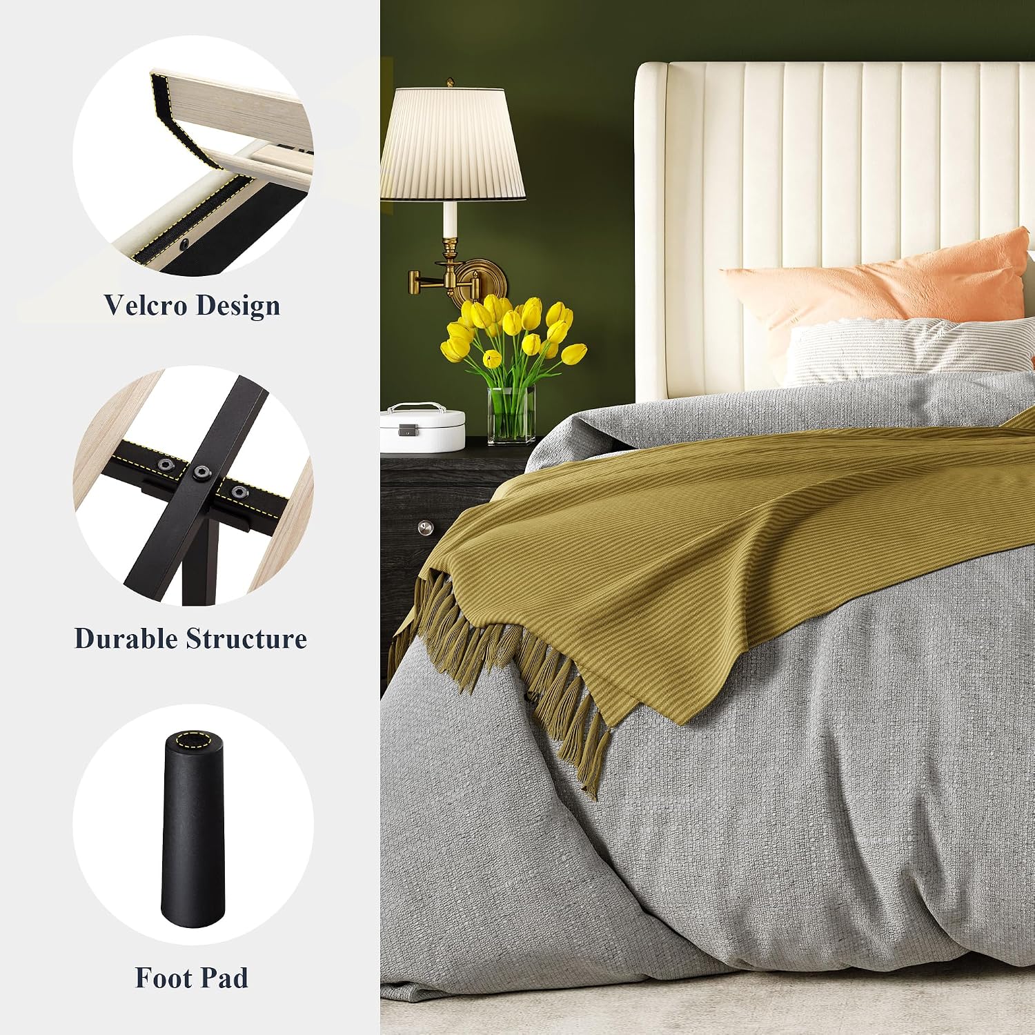 Allewie King Size Velvet Bed Frame/Vertical Channel Tufted Wingback Headboard/Upholstered Platform Bed/No Box Spring Needed/Strong Wooden Slats/Easy Assembly/Cream White