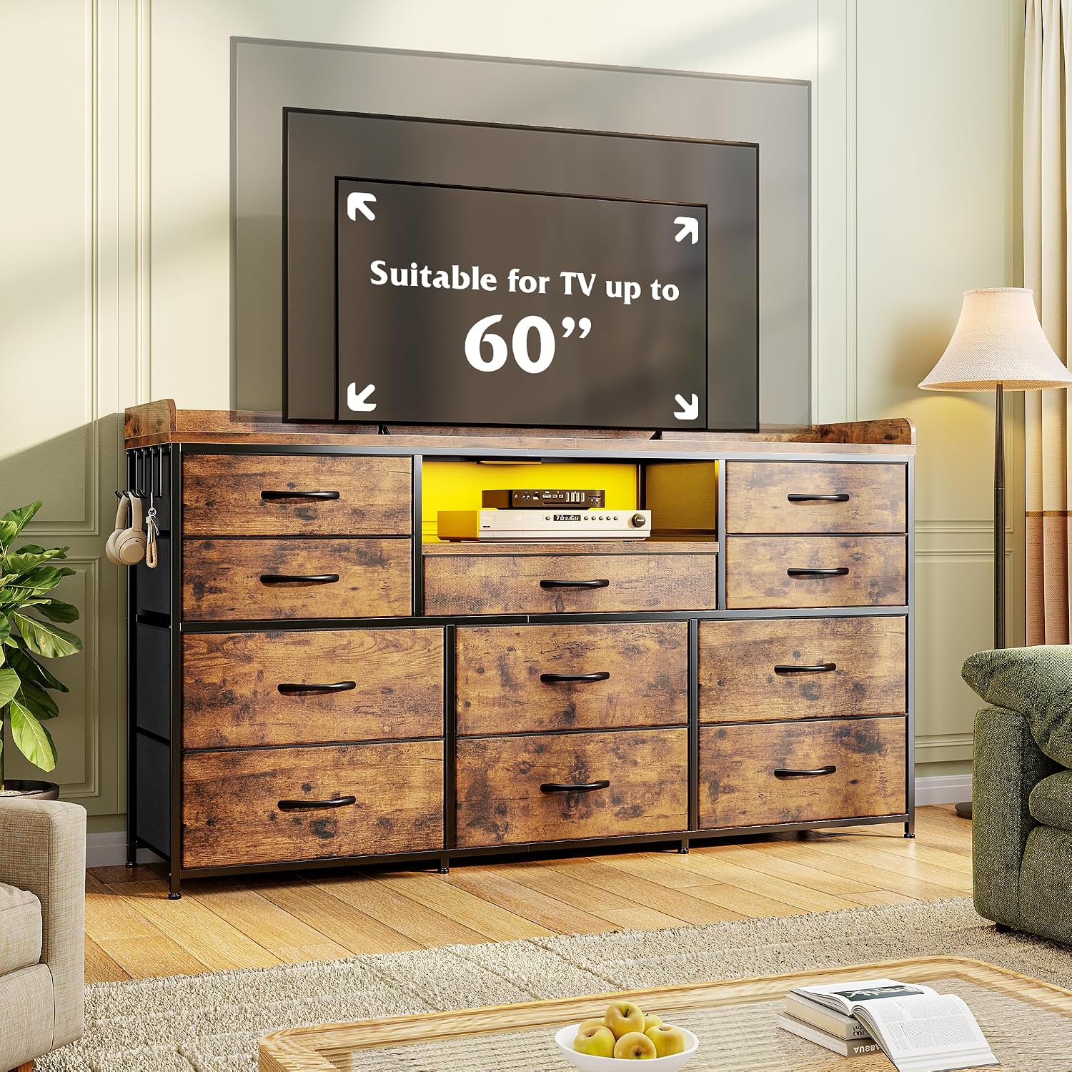 EnHomee Dresser TV Stand with 11 Drawers, 60' TV Stand with LED Lights & Power Outlets, Long Dresser for Bedroom with Shelves & 4 Hooks for Dorm, Hallway, Rustic Brown